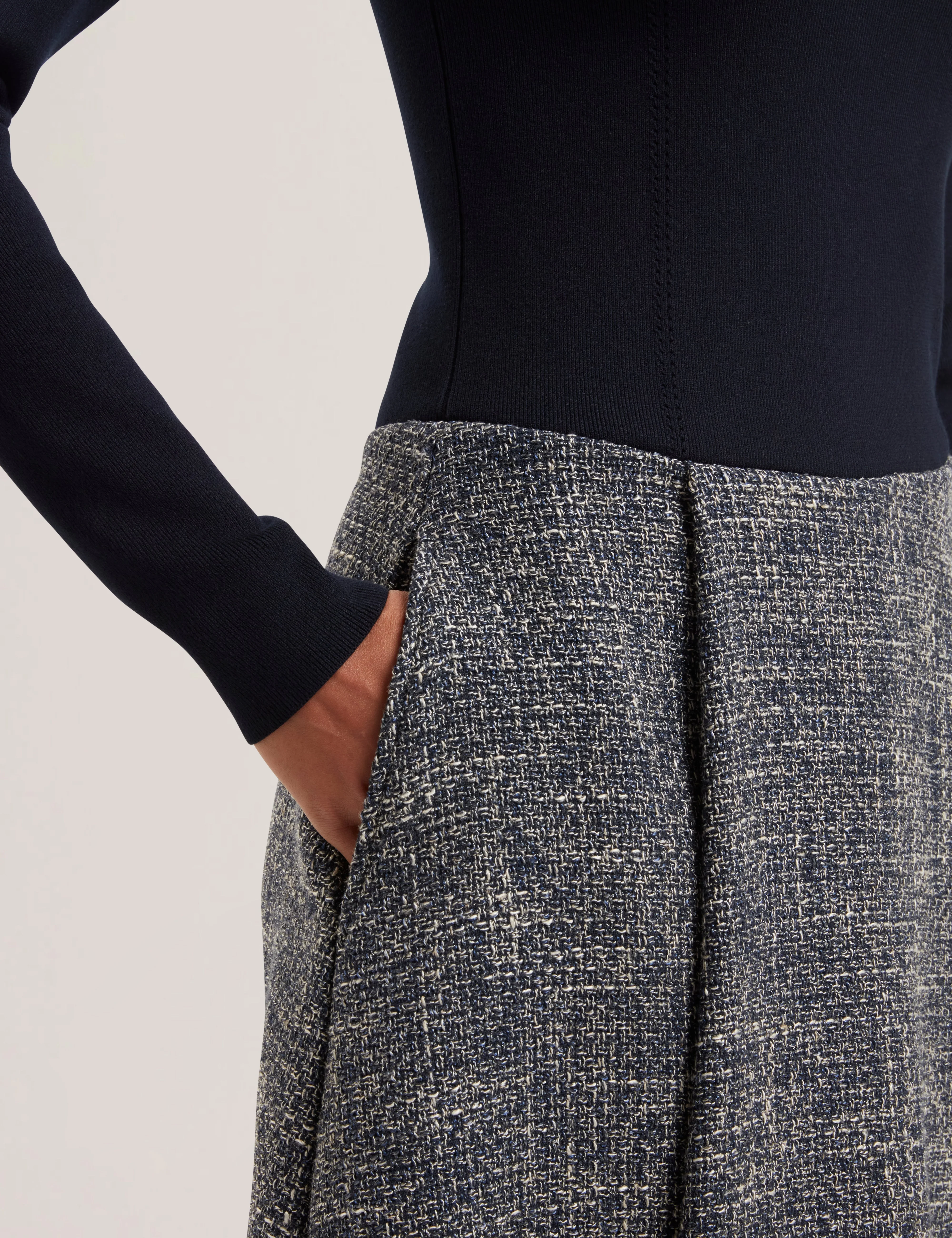 Abieb Polo-Neck Knit Bodice Midi Boucle Dress Navy - Image 2