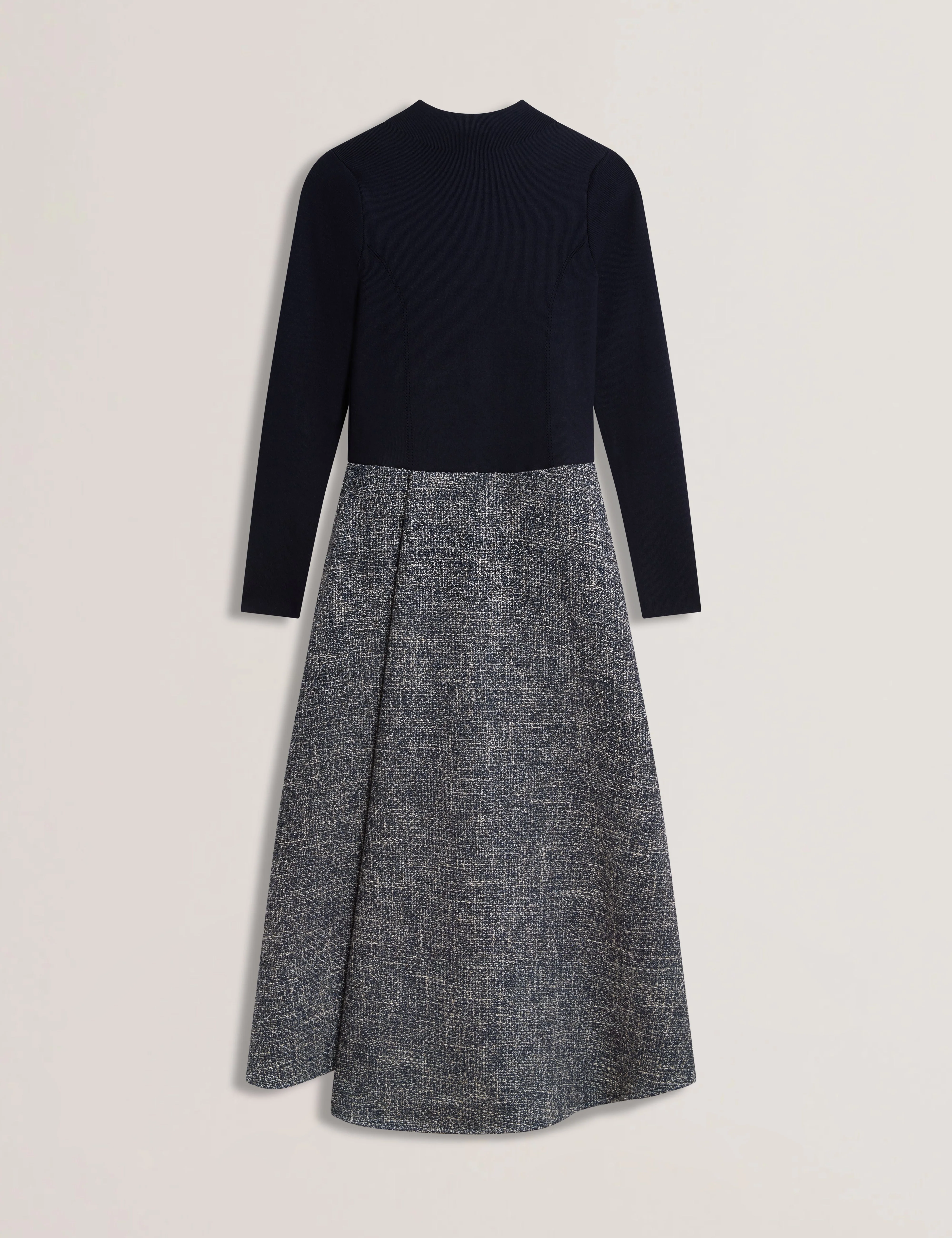 Abieb Polo-Neck Knit Bodice Midi Boucle Dress Navy - Image 4