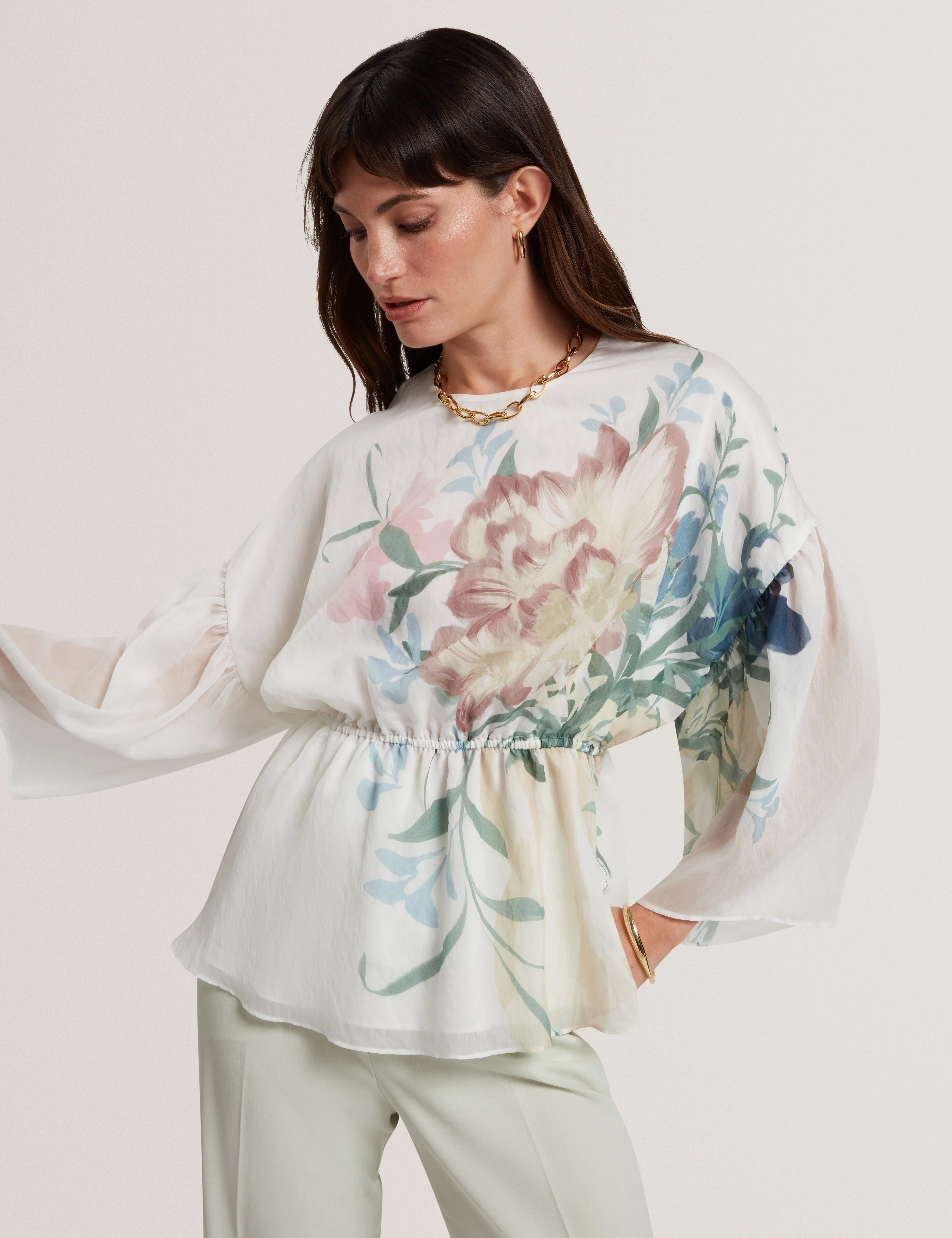 Ahlanza Printed Puff Sleeve Peplum Top Ivory