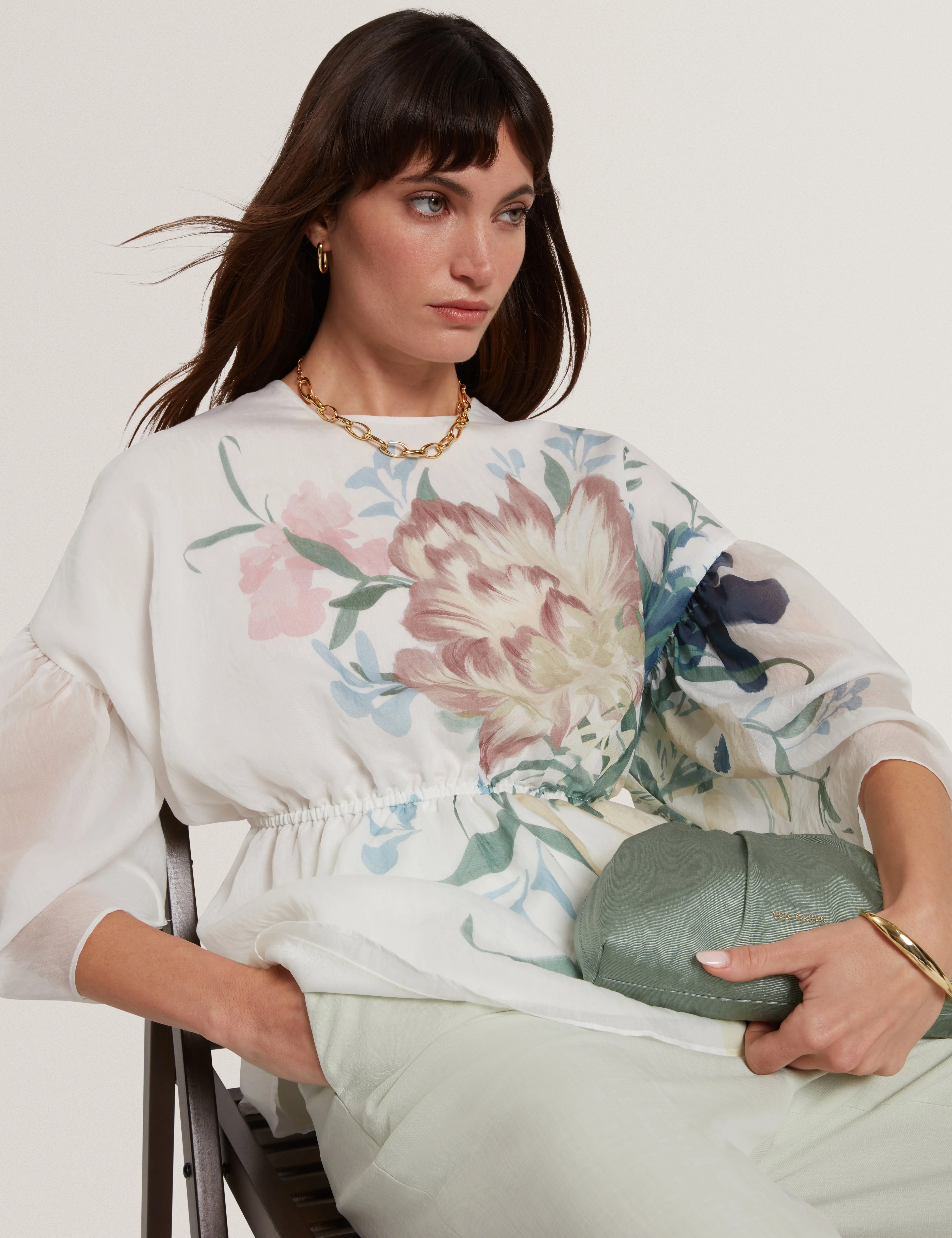 Ahlanza Printed Puff Sleeve Peplum Top Ivory - Image 6