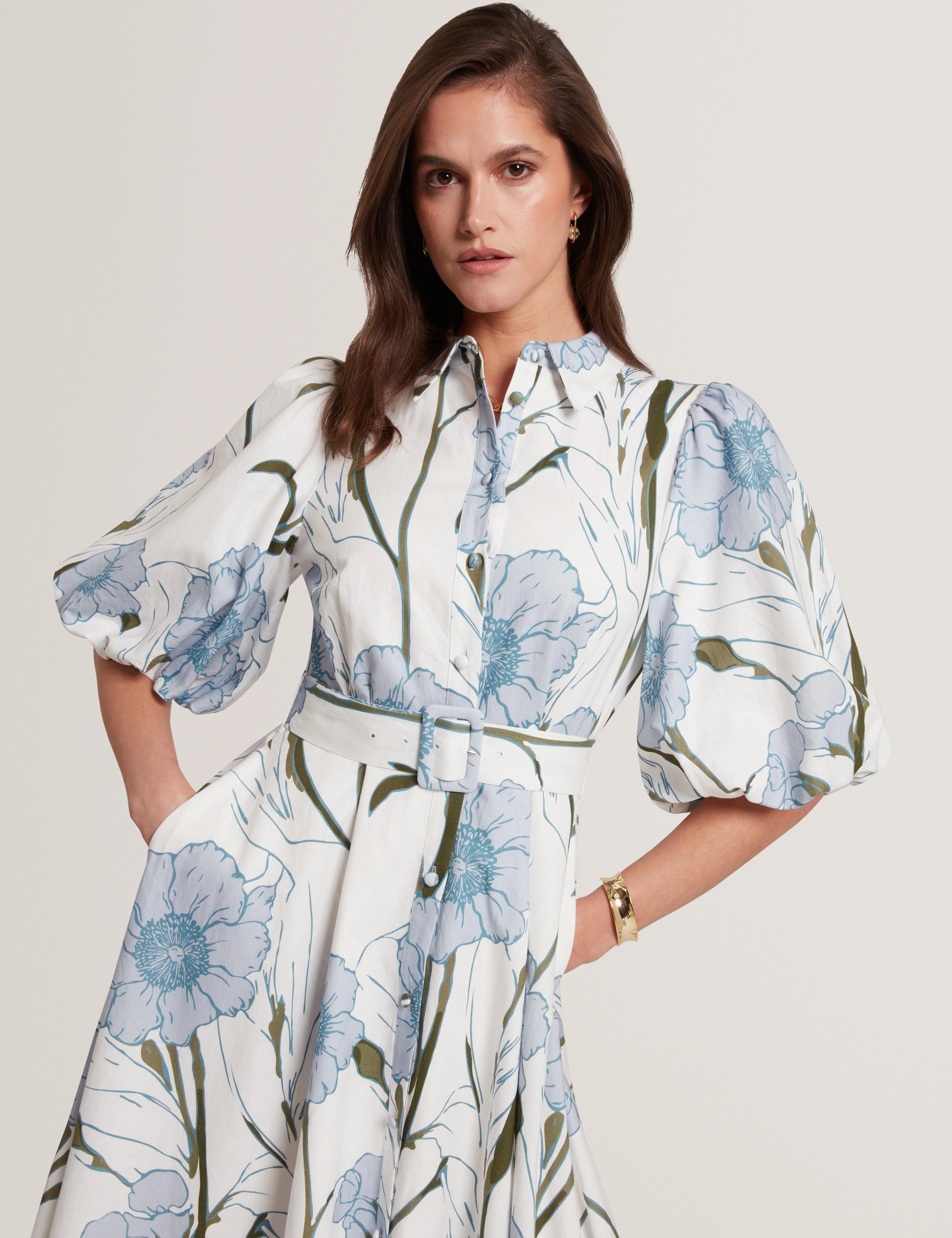 Alimma Printed Puff Sleeve Linen Blend Midi Dress Ivory - Image 2