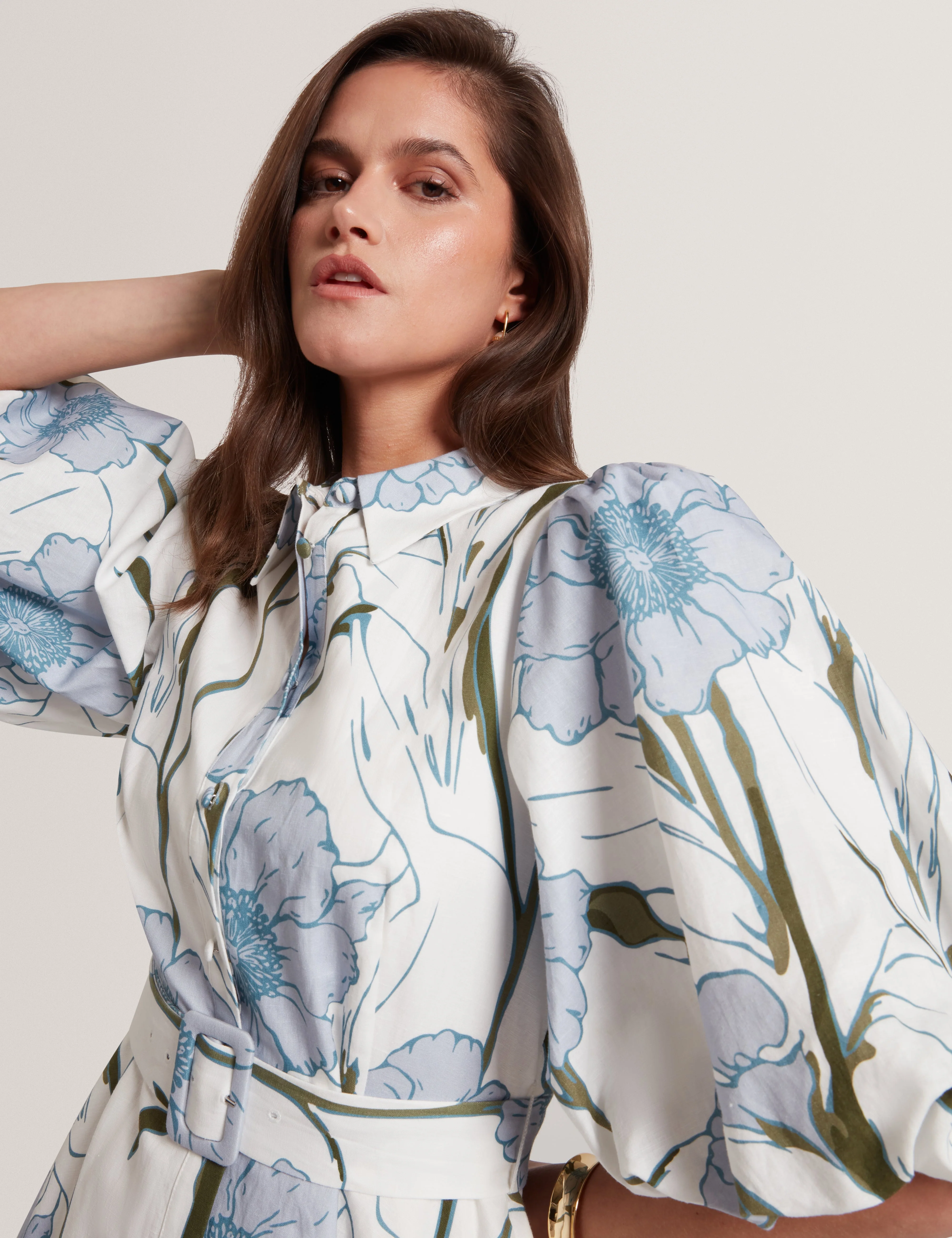Alimma Printed Puff Sleeve Linen Blend Midi Dress Ivory - Image 4
