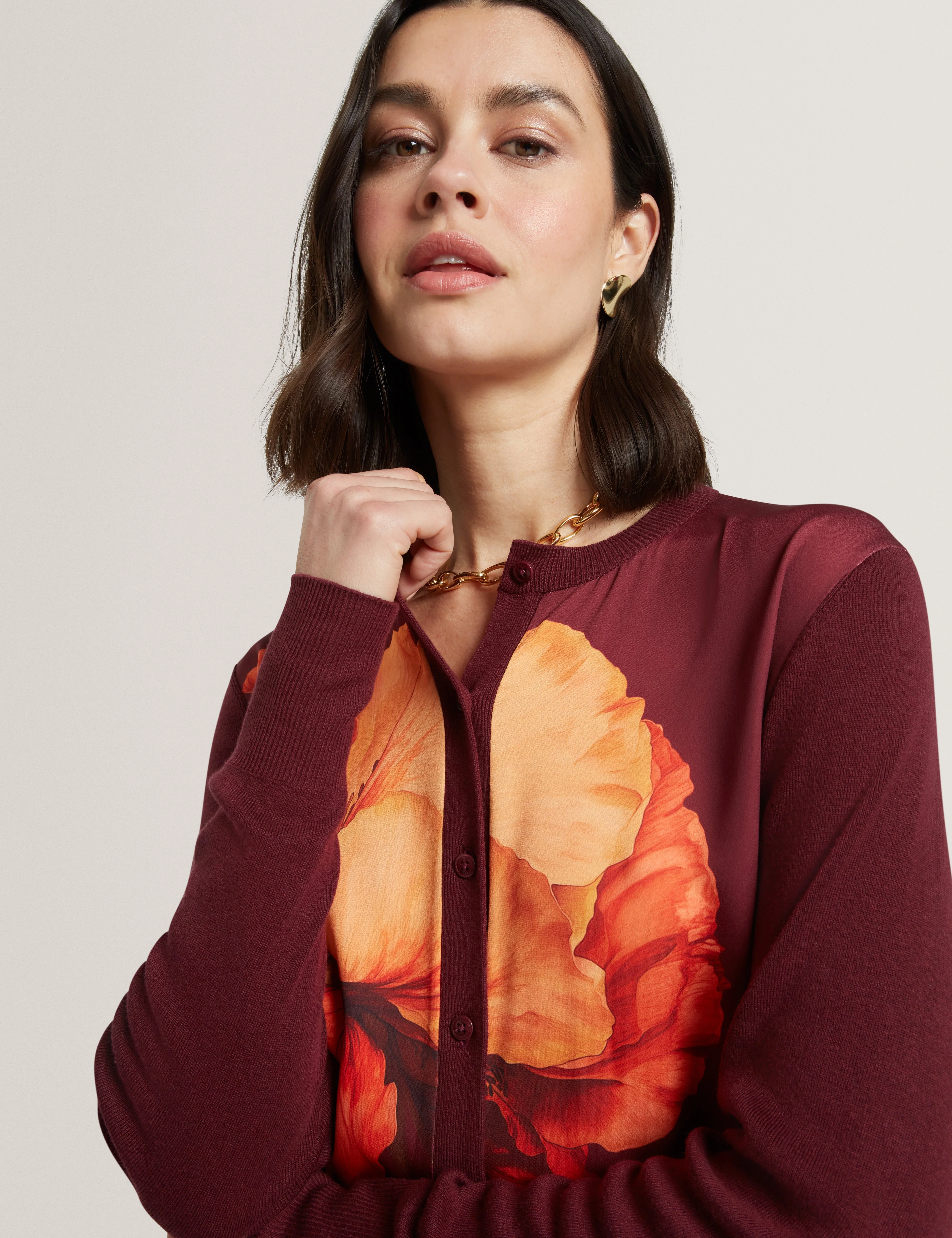Amaryli Printed Woven Front Cardigan Oxblood - Image 4
