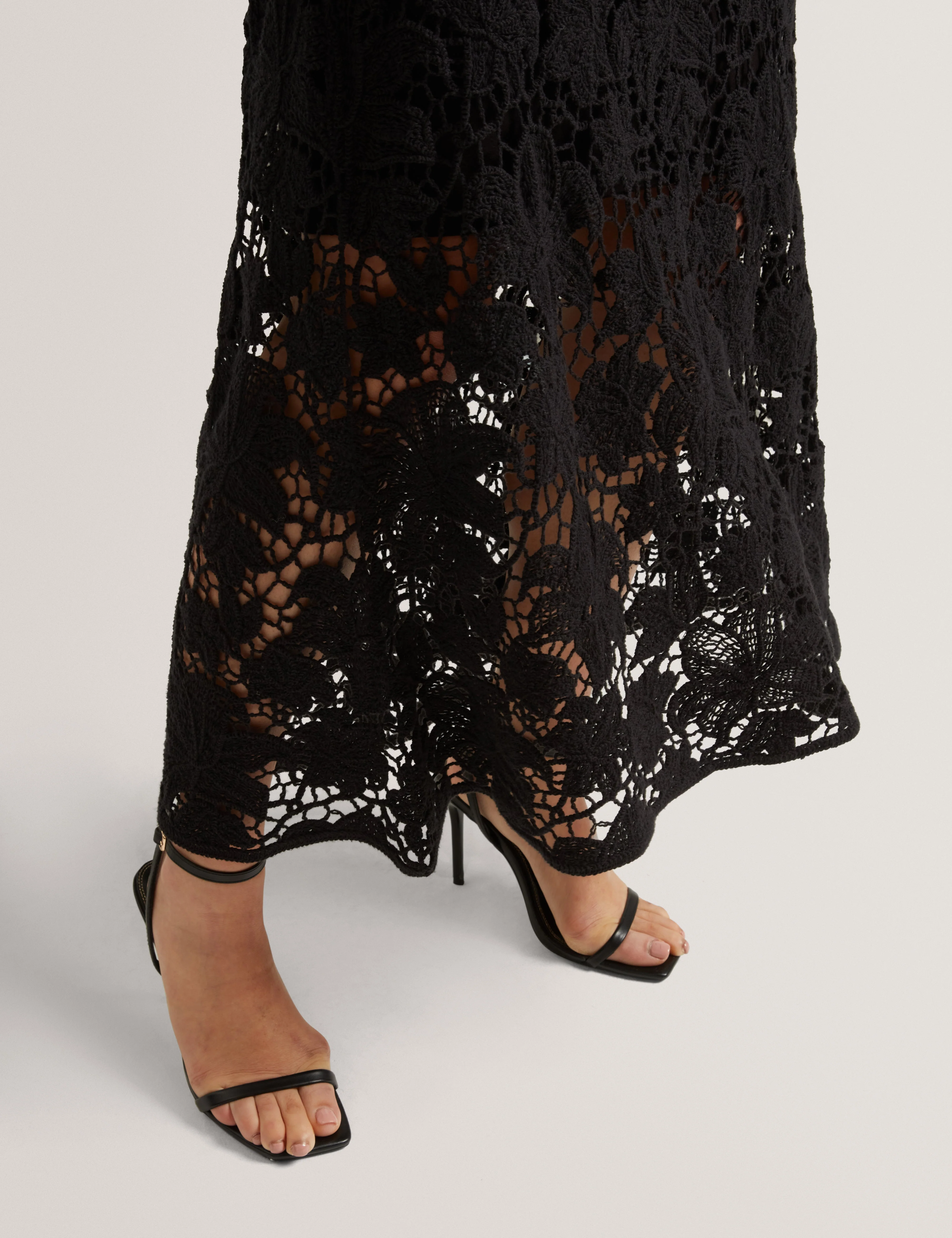 Aphria Crochet Knit Midi Flared Skirt Black - Image 4