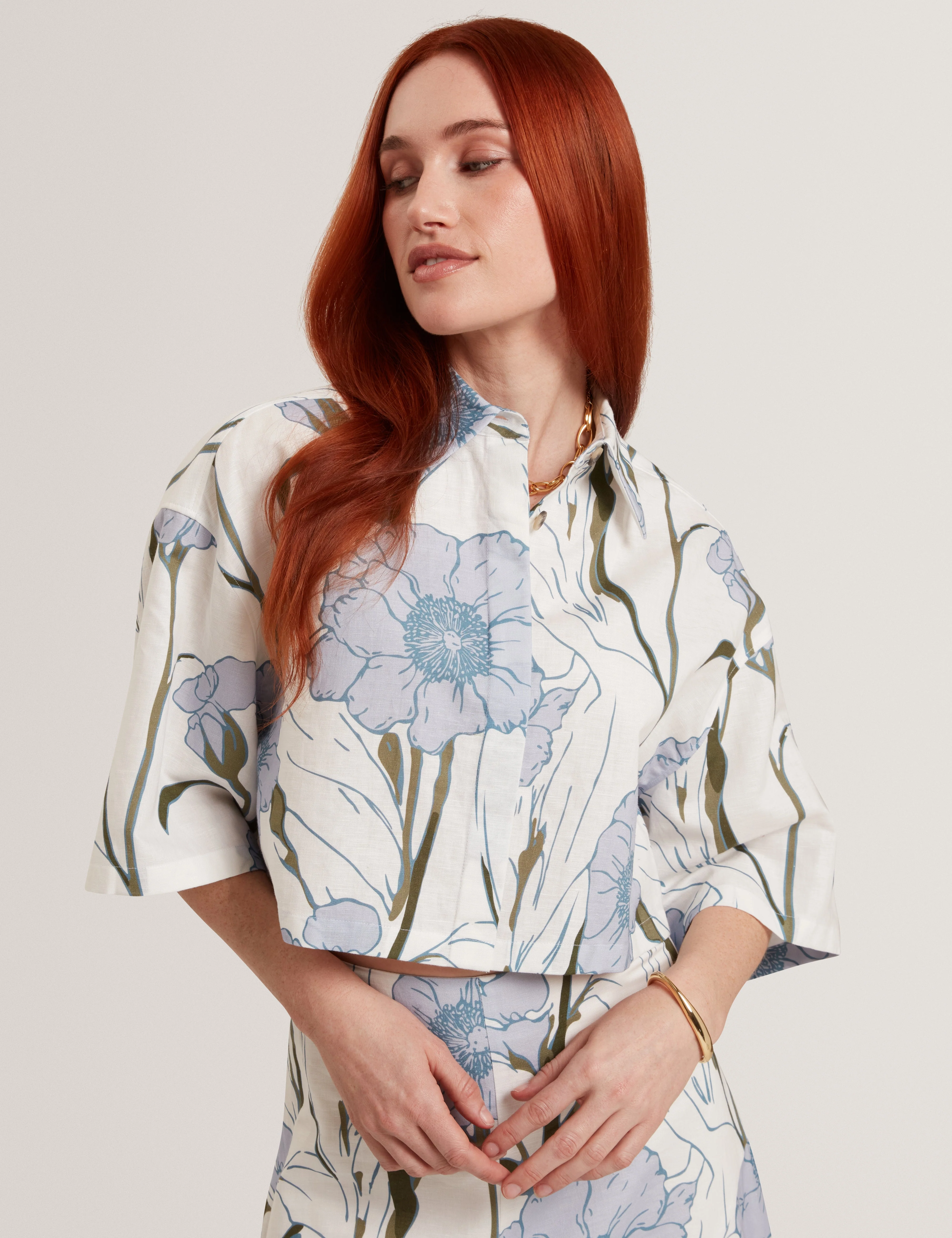 Bara Printed Boxy Linen Blend Shirt Ivory