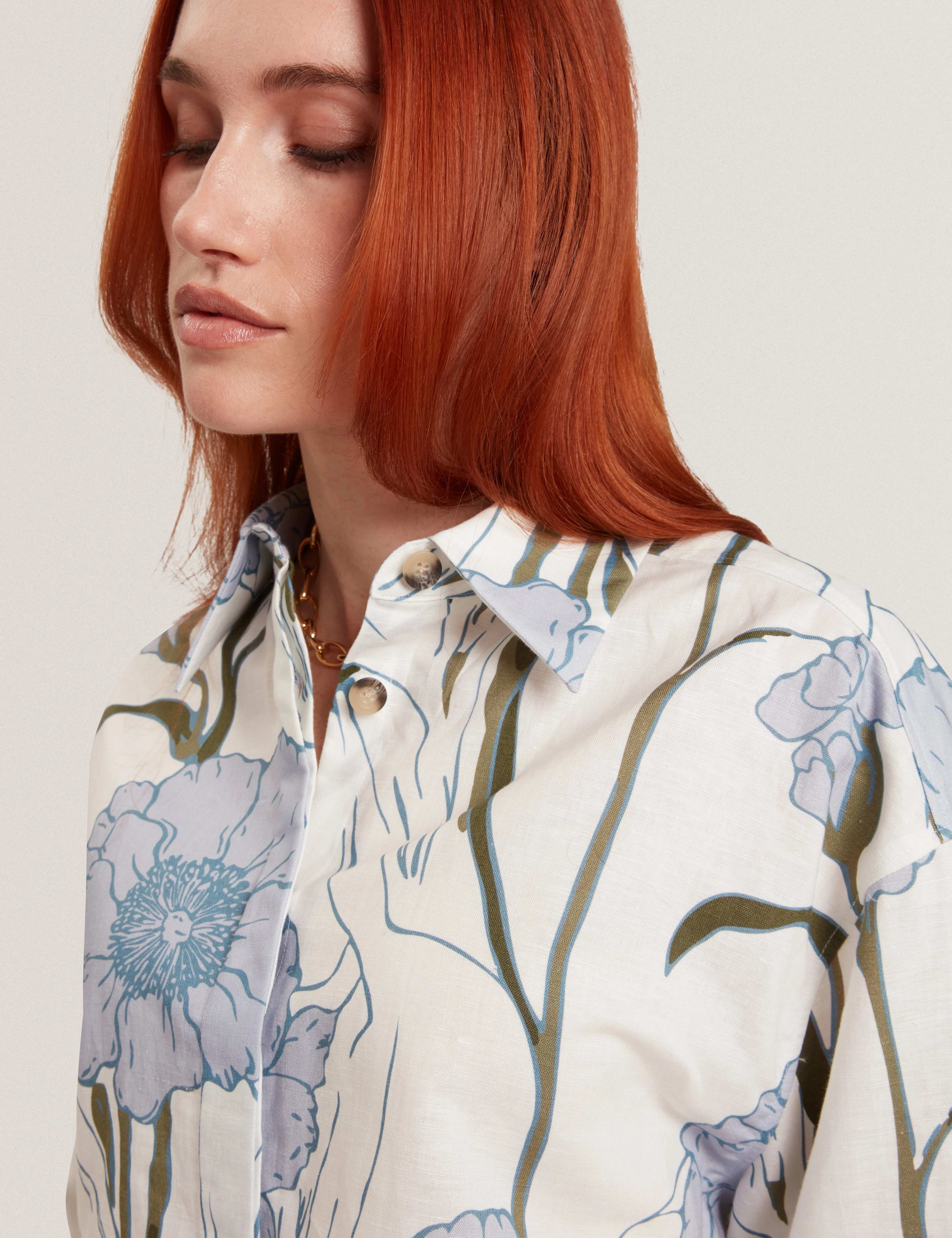Bara Printed Boxy Linen Blend Shirt Ivory - Image 4