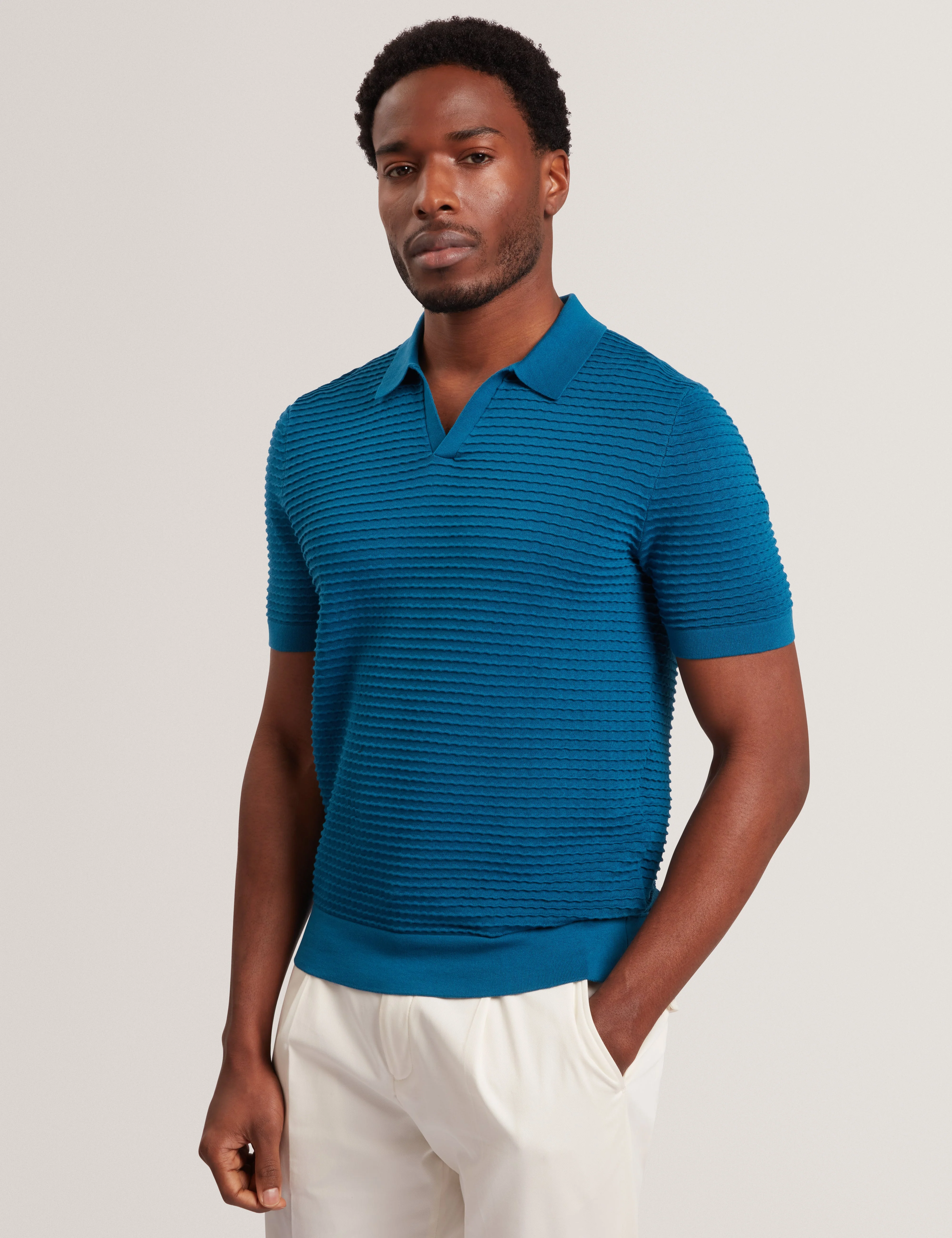 Bestel Short Sleeve Wavy Stitch Open Neck Polo Navy-Green