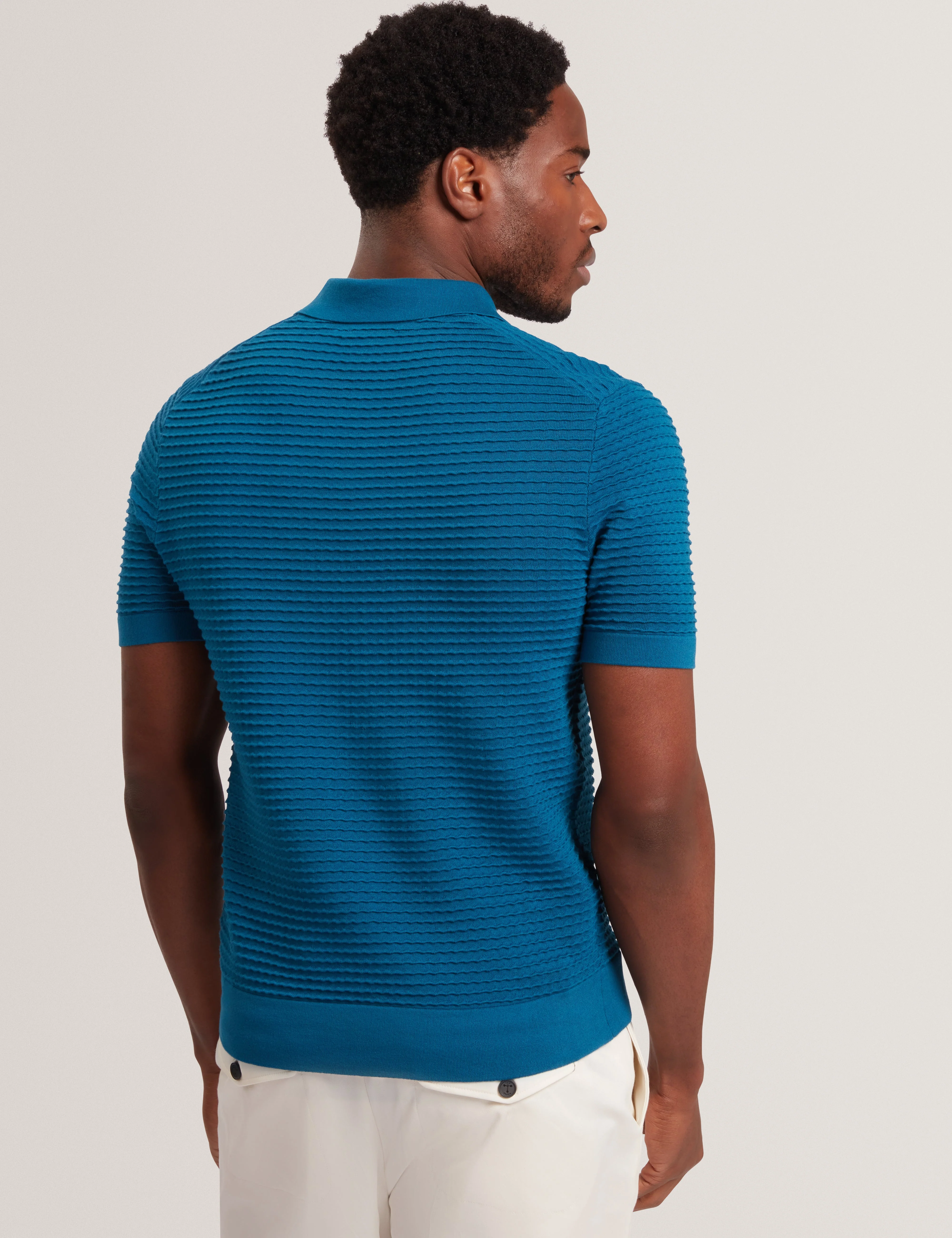 Bestel Short Sleeve Wavy Stitch Open Neck Polo Navy-Green - Image 5