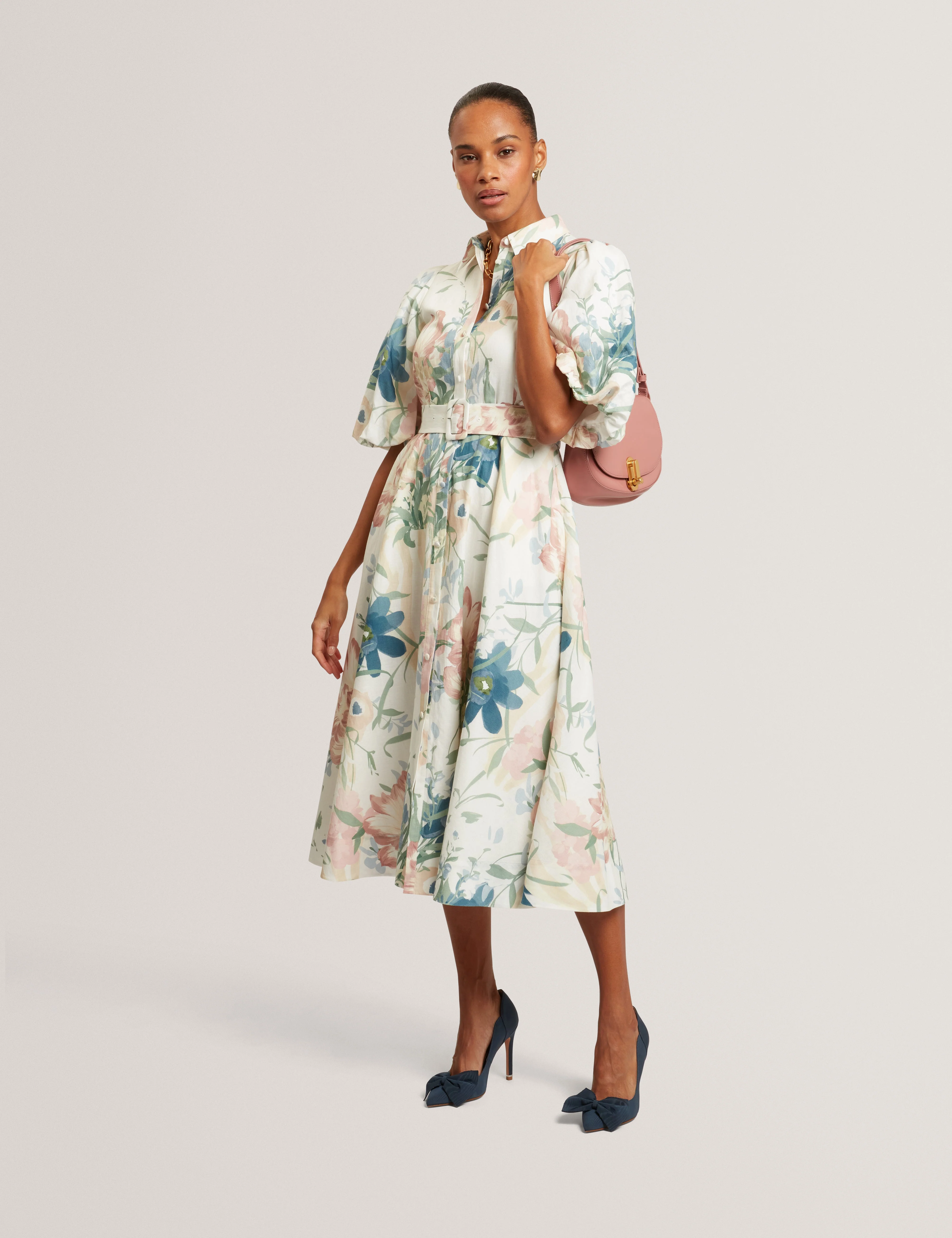 Breei Puff Sleeve Printed Midi Shirt Dress Ivory