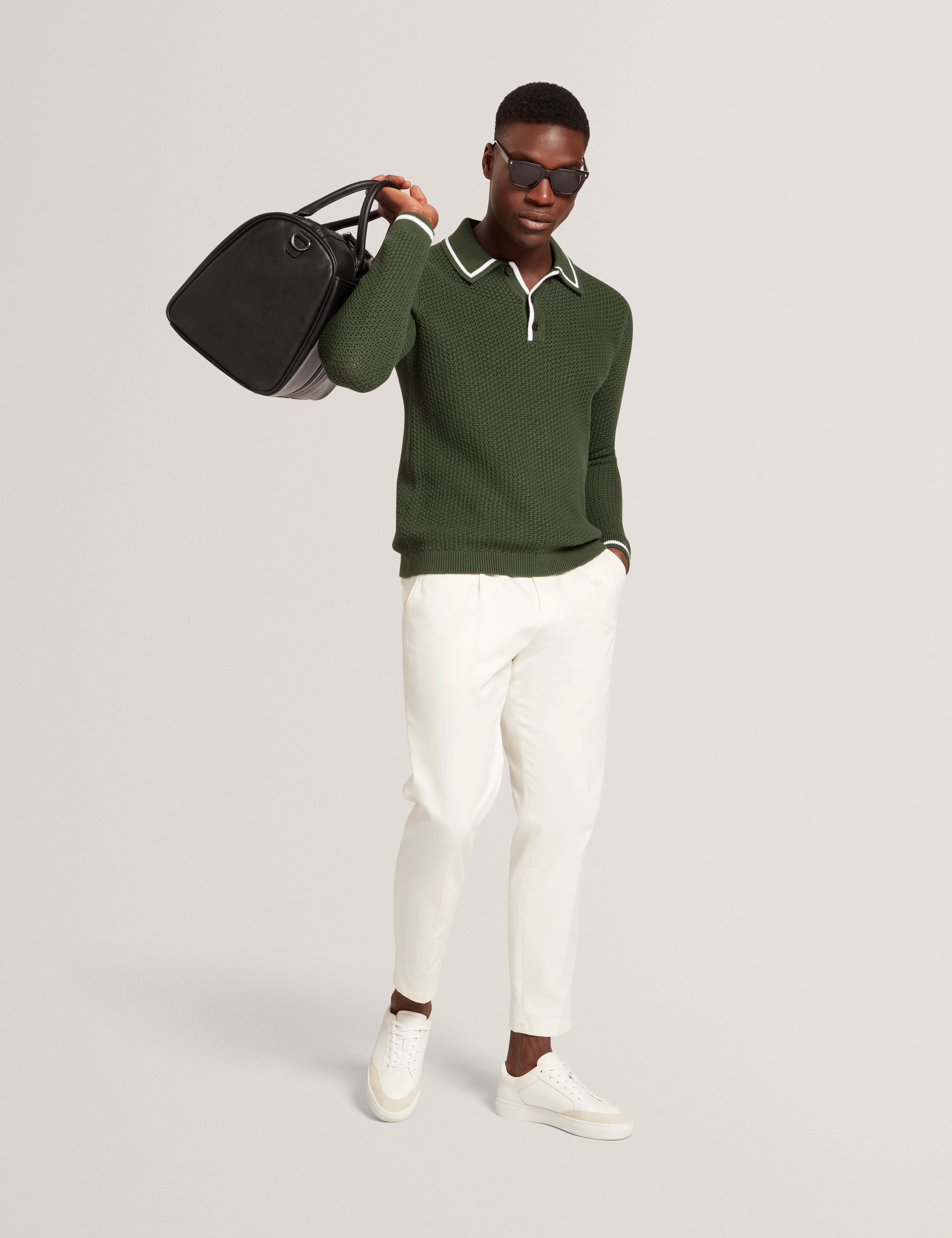 Brucei Long Sleeve Waffle Stitch Knit Polo Dk-Green - Image 3