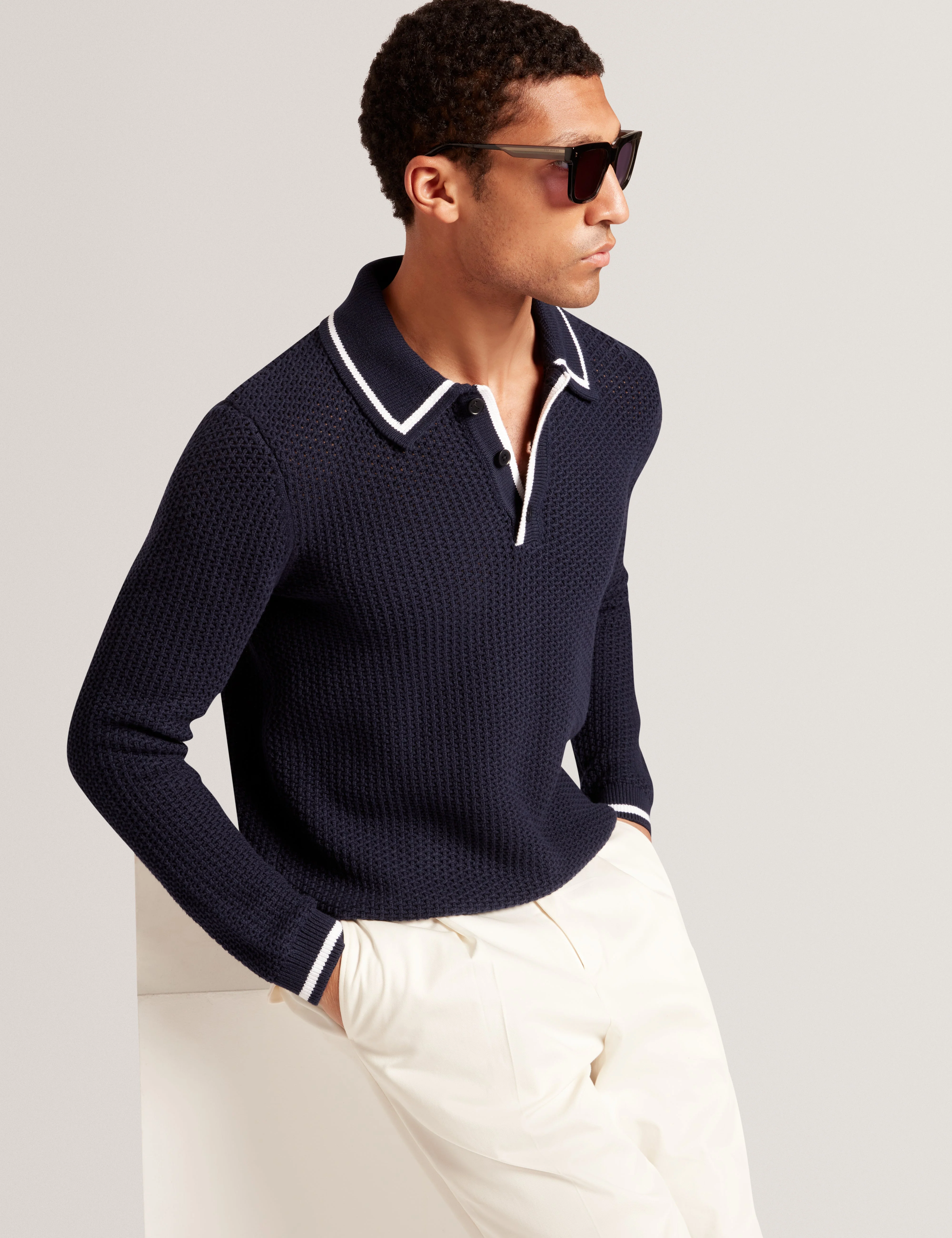 Brucei Long Sleeve Waffle Stitch Knit Polo Navy - Image 3