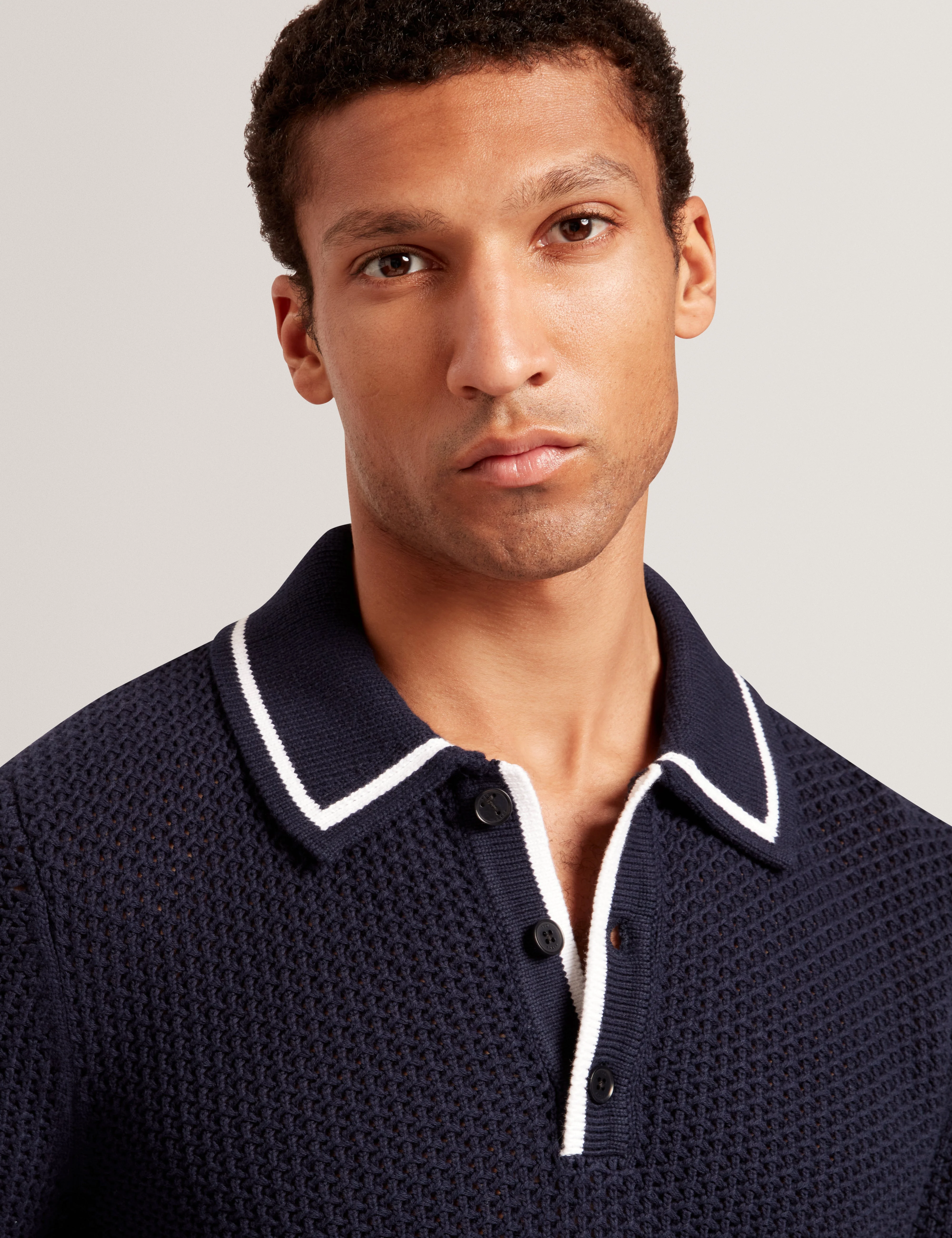 Brucei Long Sleeve Waffle Stitch Knit Polo Navy - Image 5