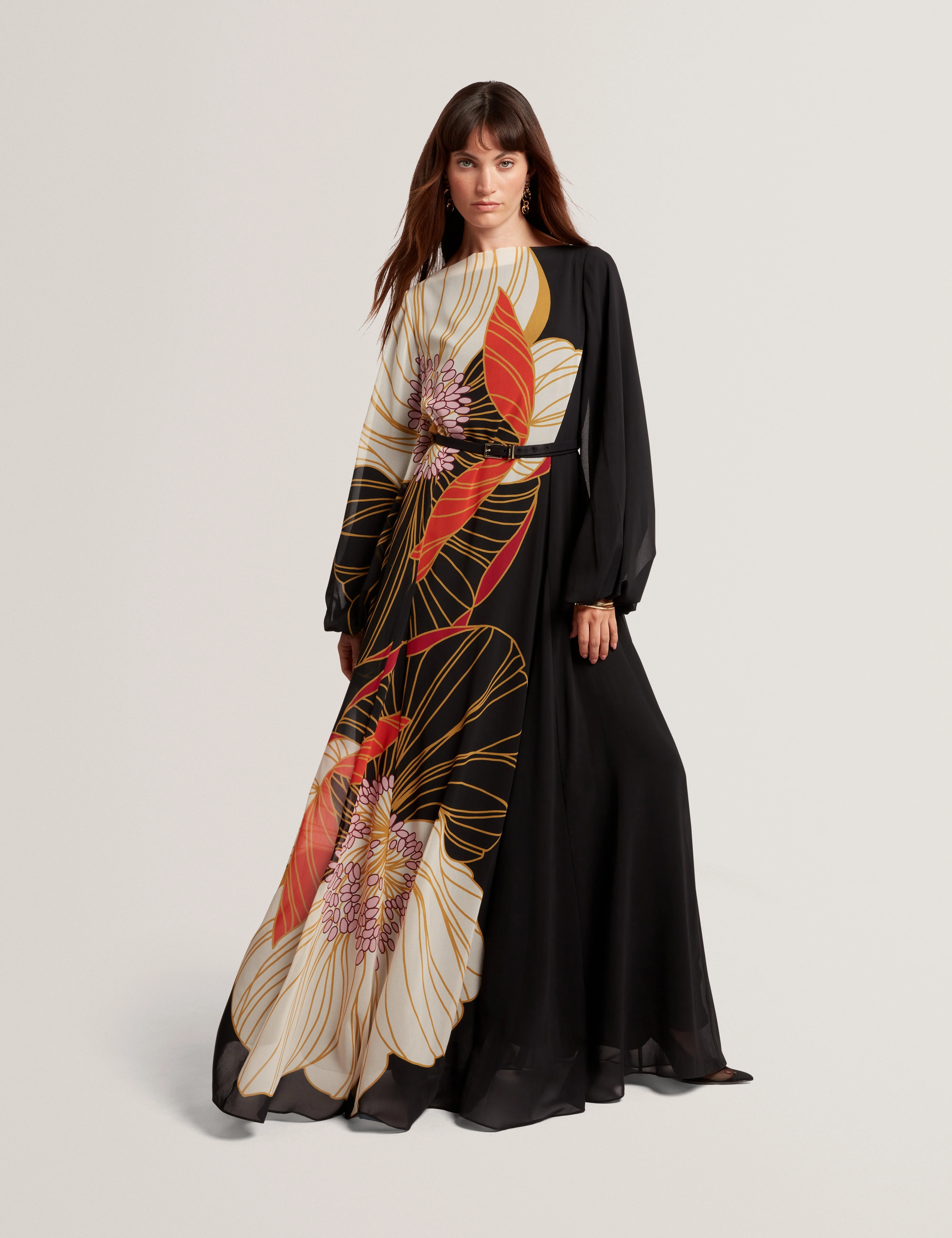 Cammeli Long Sleeve Printed Maxi Dress Black