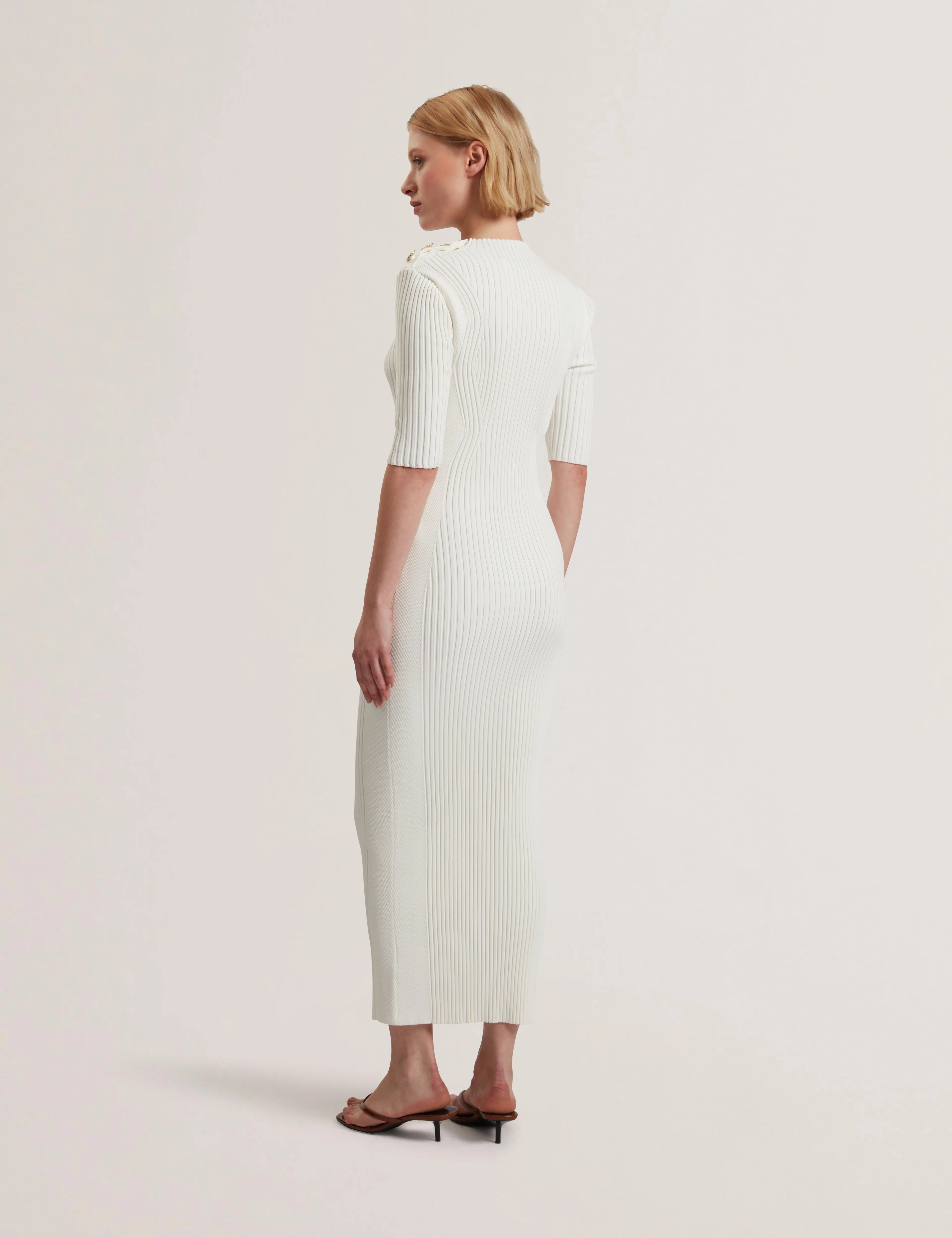 Candiic Ribbed Knit Button Detail Column Dress Ivory - Image 4