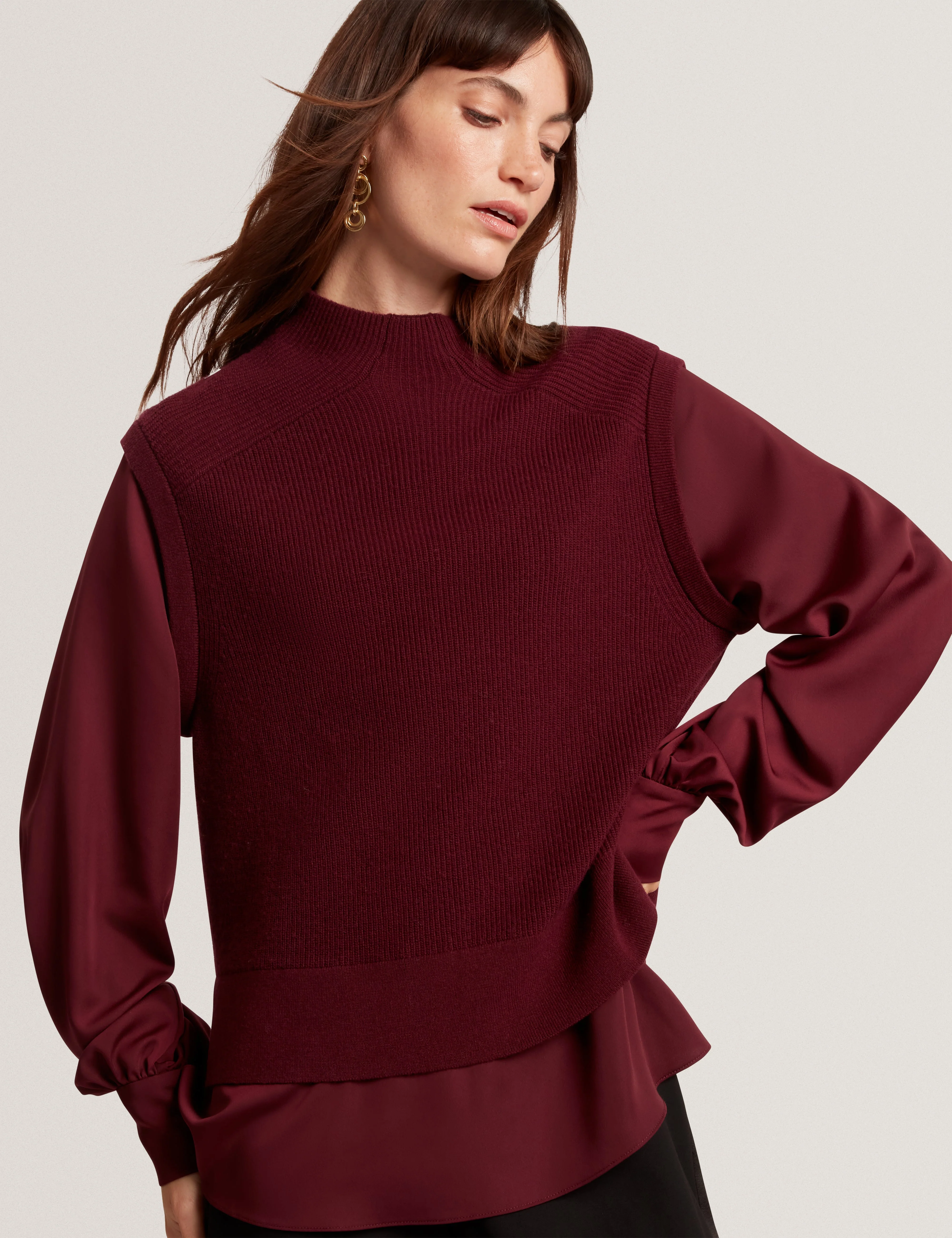 Caycey Woven Sleeve Knitted Jumper Maroon - Image 4