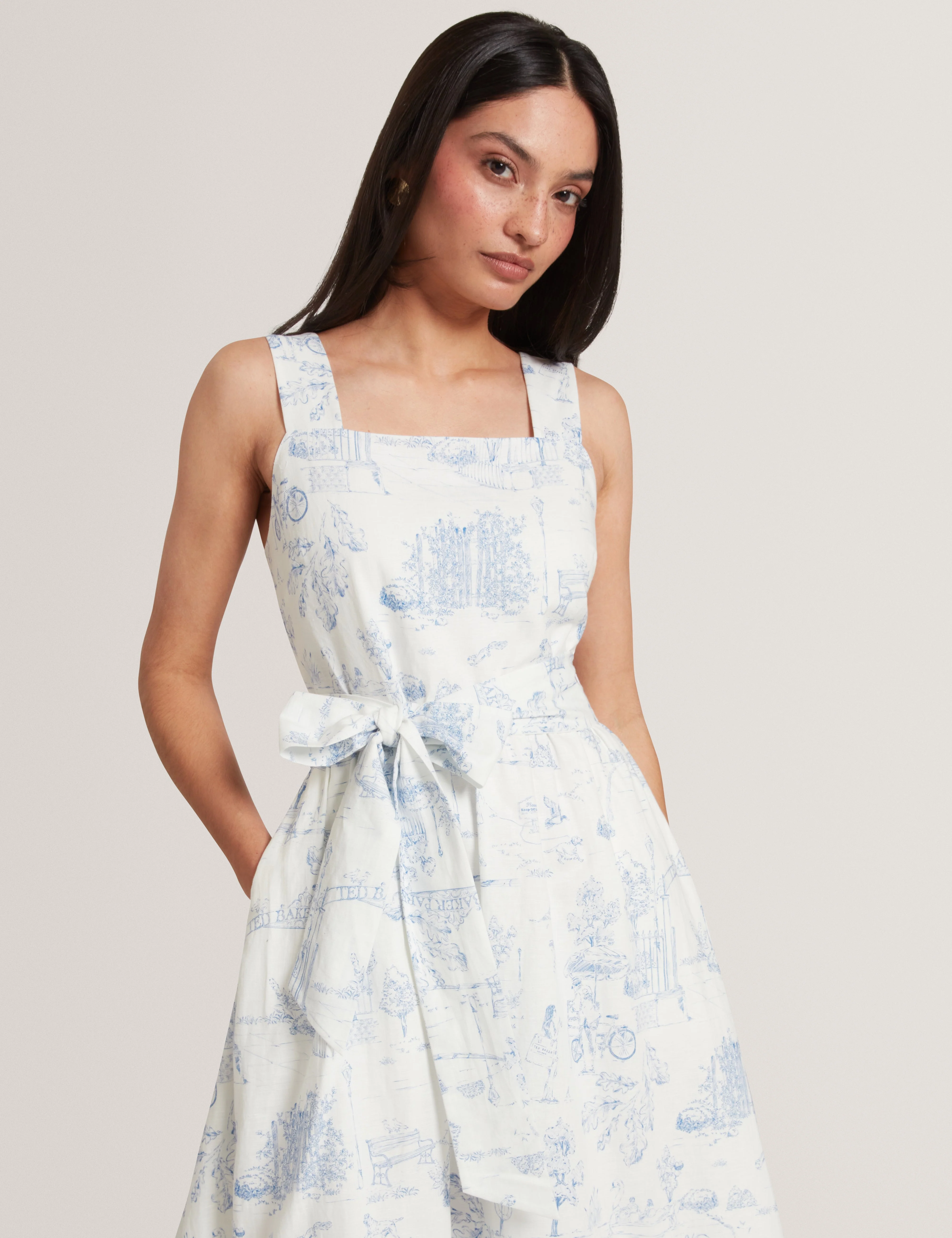 Celesa Linen Blend Printed Tie Waist Midi Dress White - Image 2