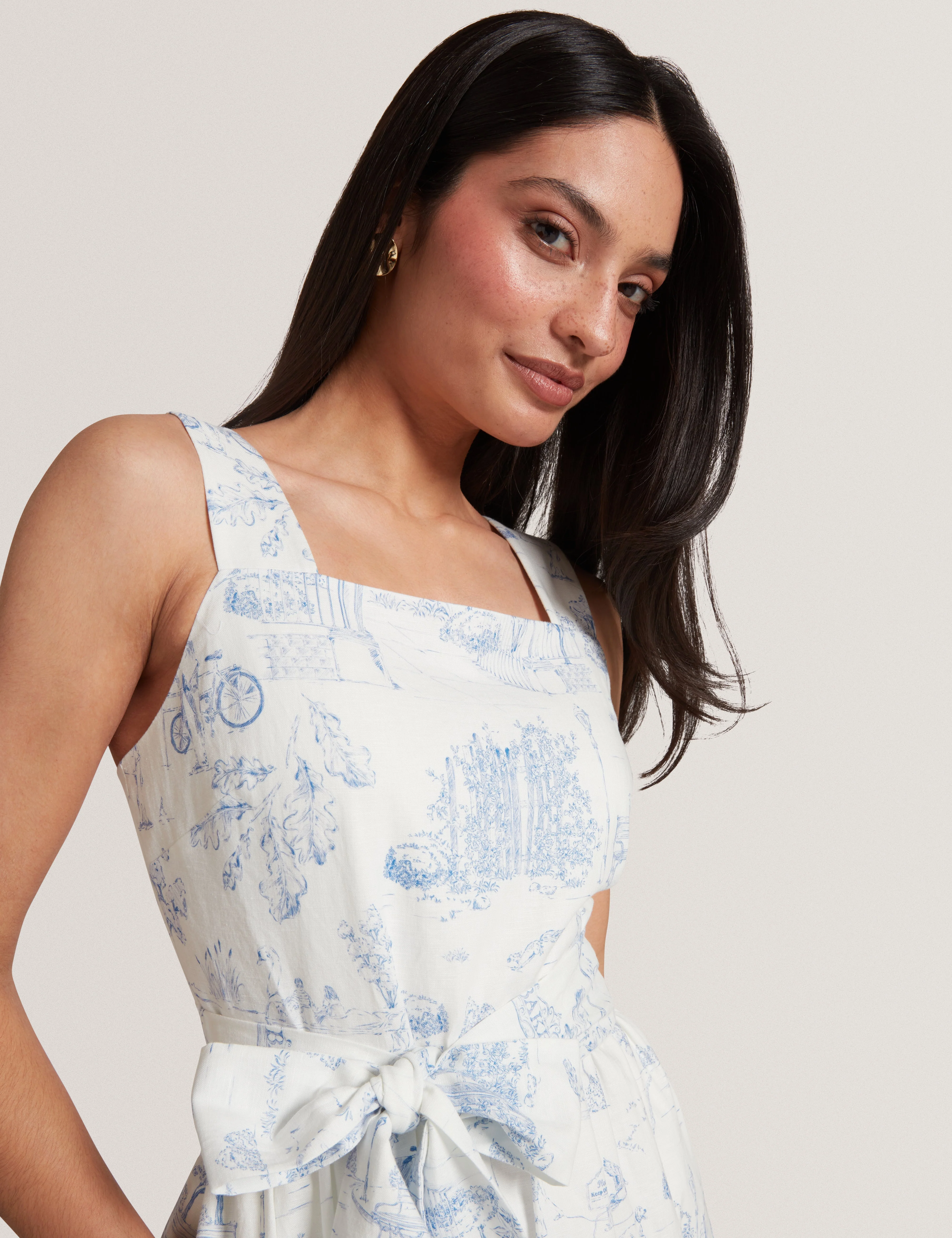 Celesa Linen Blend Printed Tie Waist Midi Dress White - Image 4