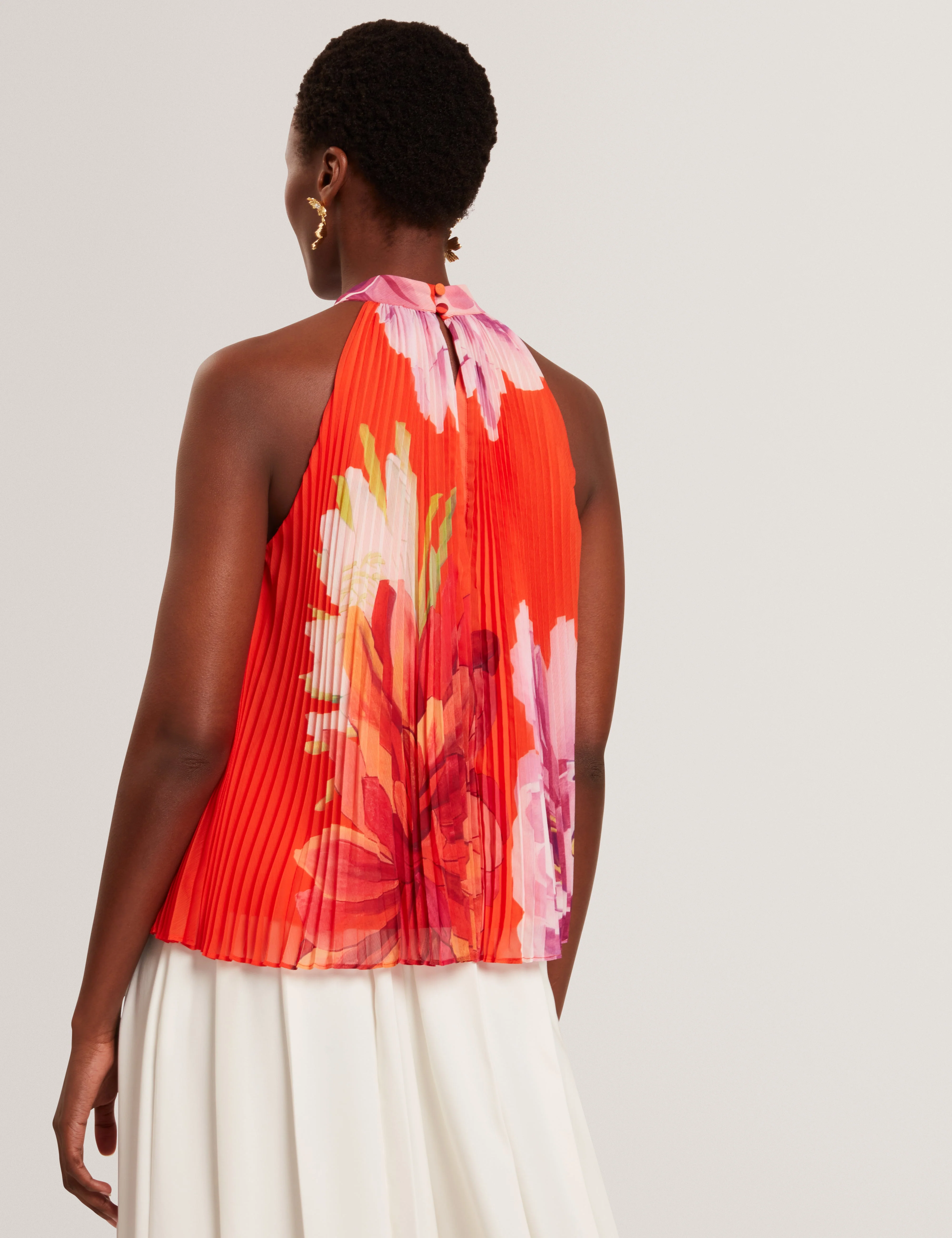 Clovina Printed Halter Neck Sleeveless Pleated Top Orange - Image 6