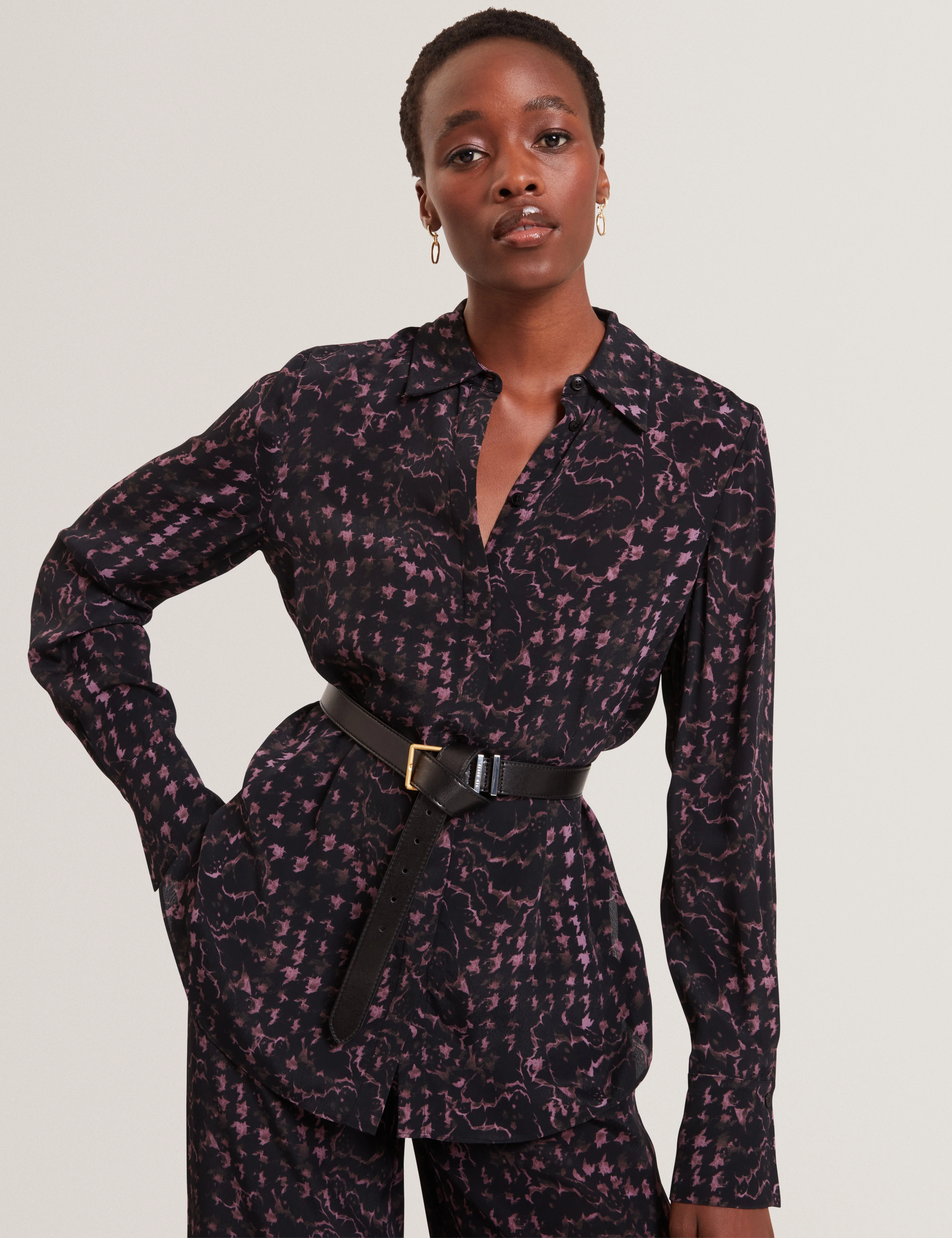Cobala Long Line Printed Shirt Black