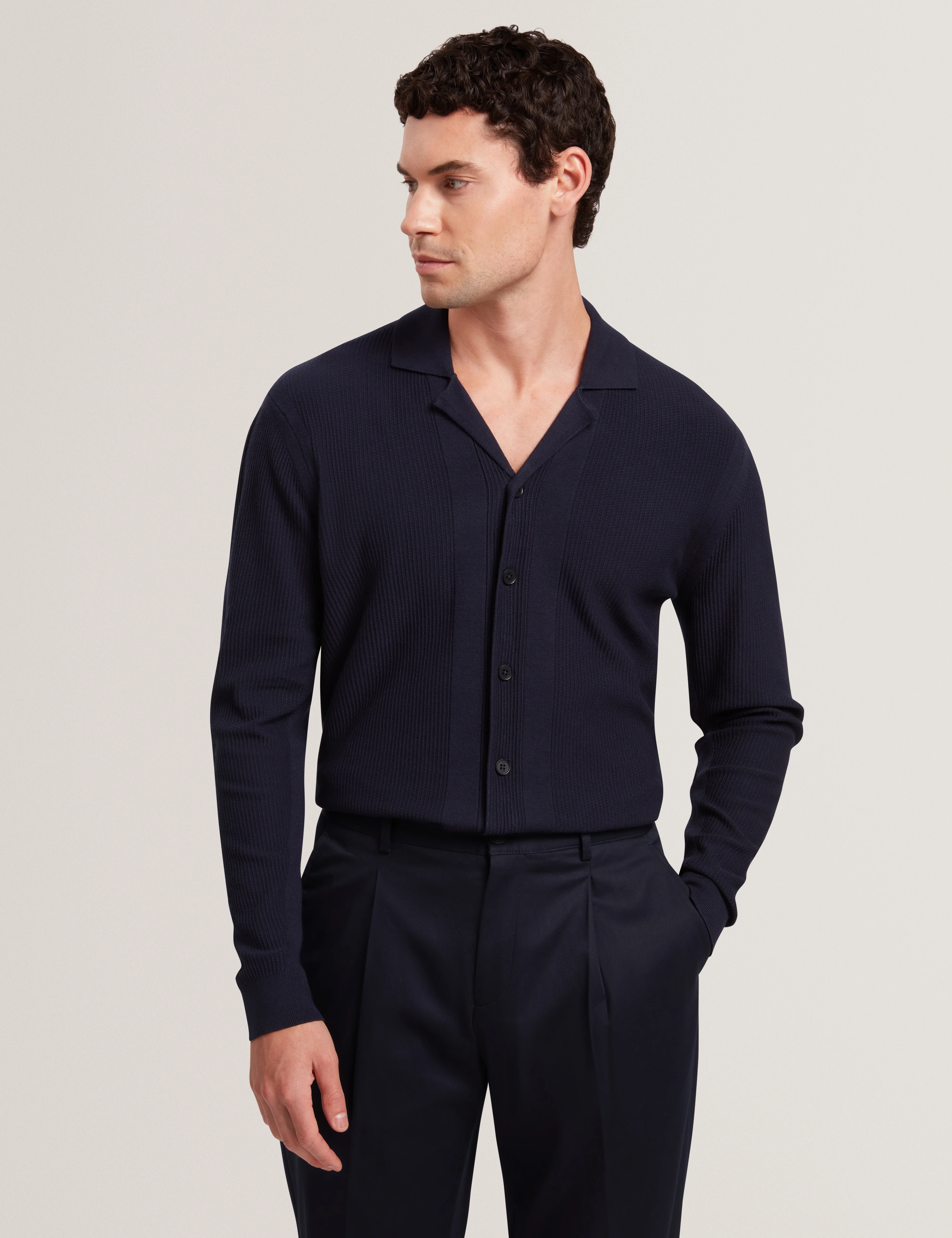 Diarmad Long Sleeve Rib Button Thru Knit Polo Navy - Image 2