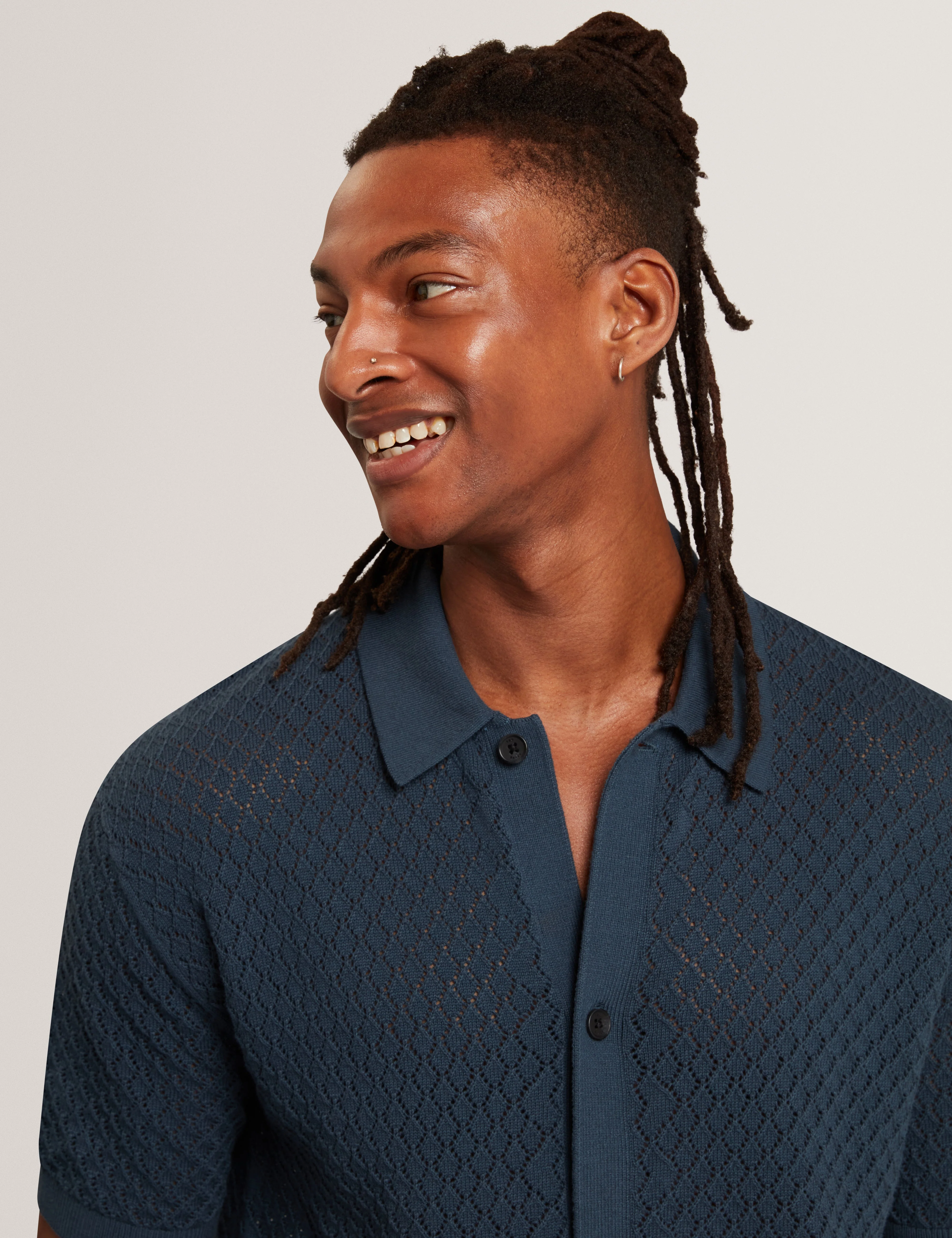 Domati Short Sleeve Relaxed Fit Crochet Polo Mid-Navy - Image 4