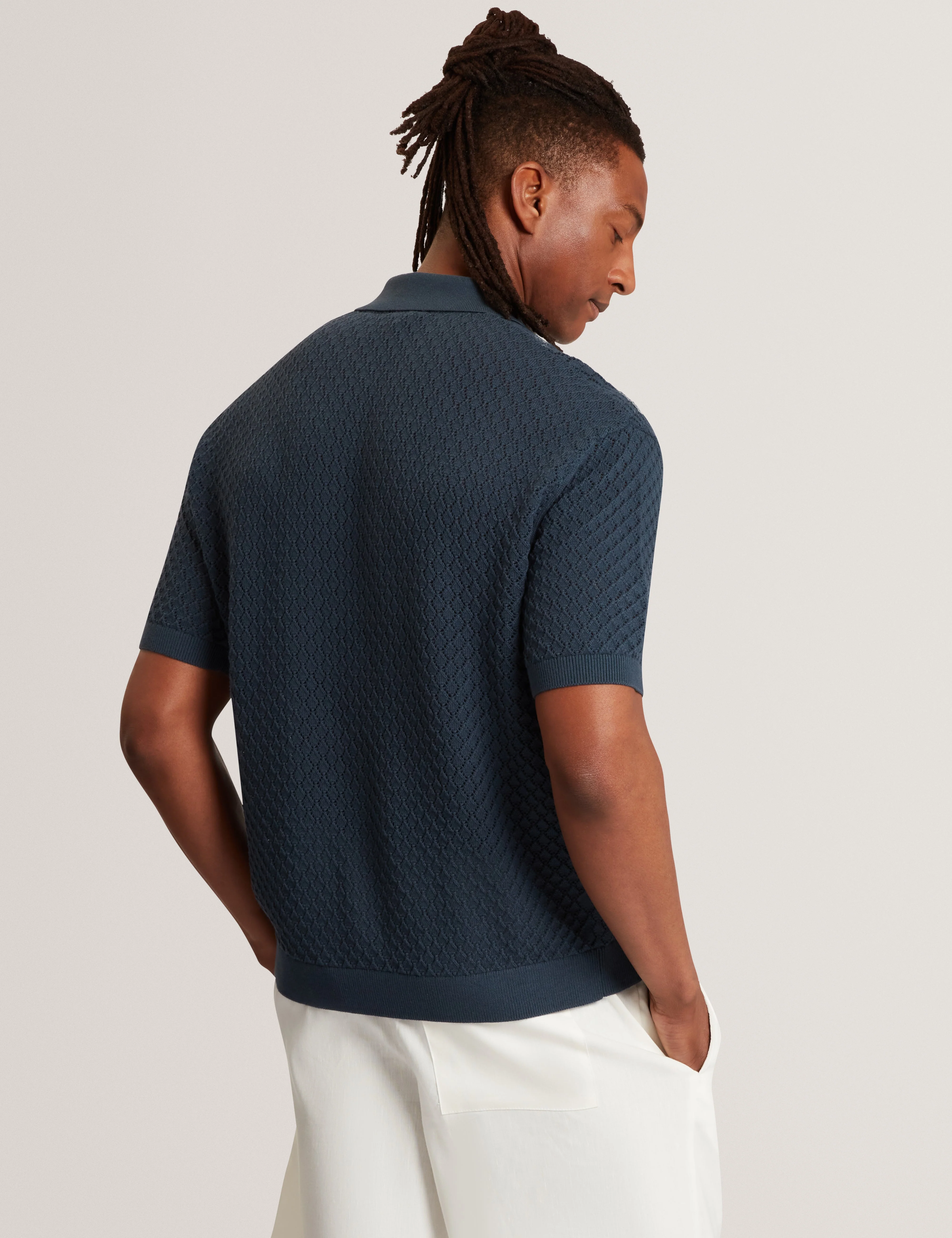 Domati Short Sleeve Relaxed Fit Crochet Polo Mid-Navy - Image 5