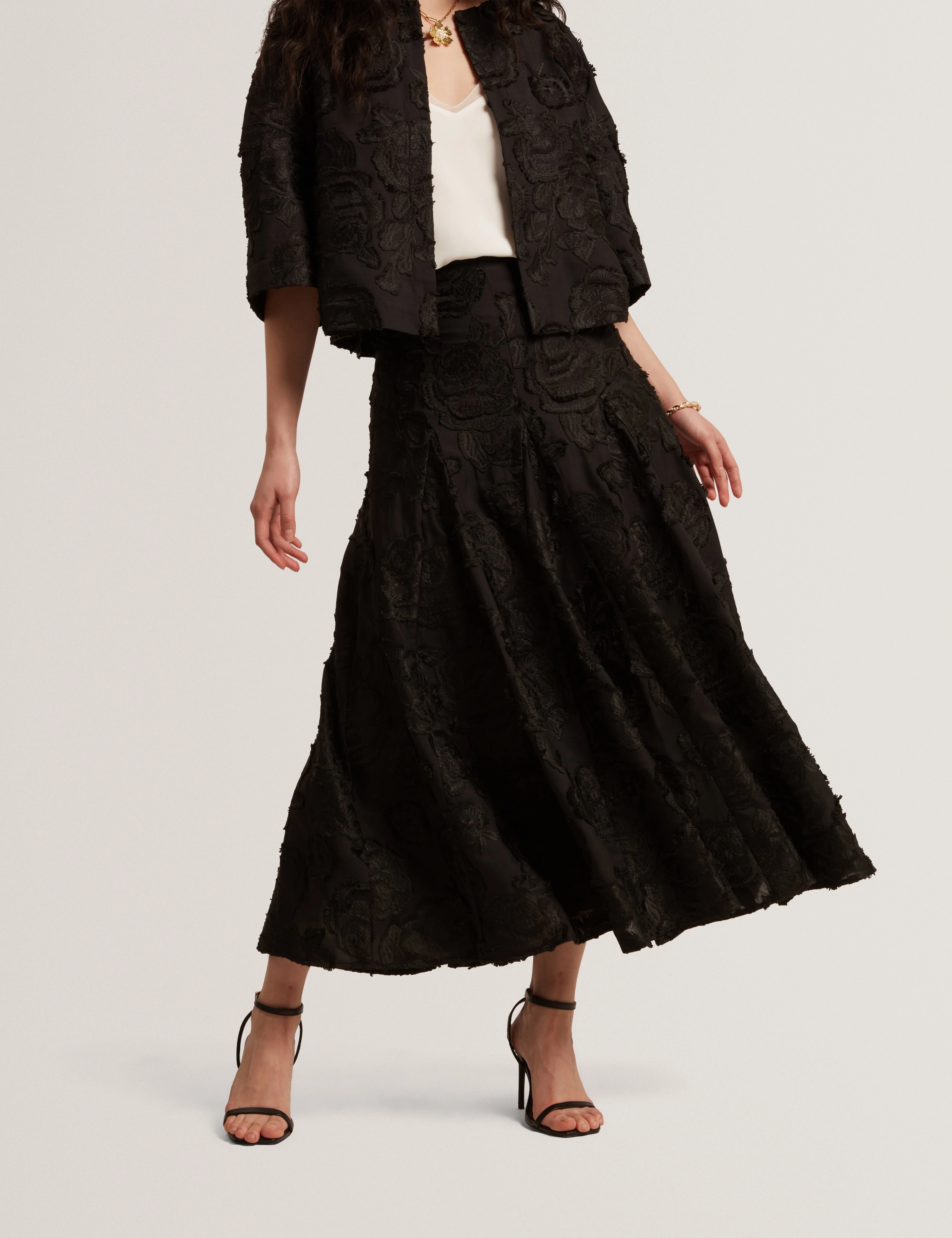 Eccrina Textured Rose Detail Midi Skirt Black
