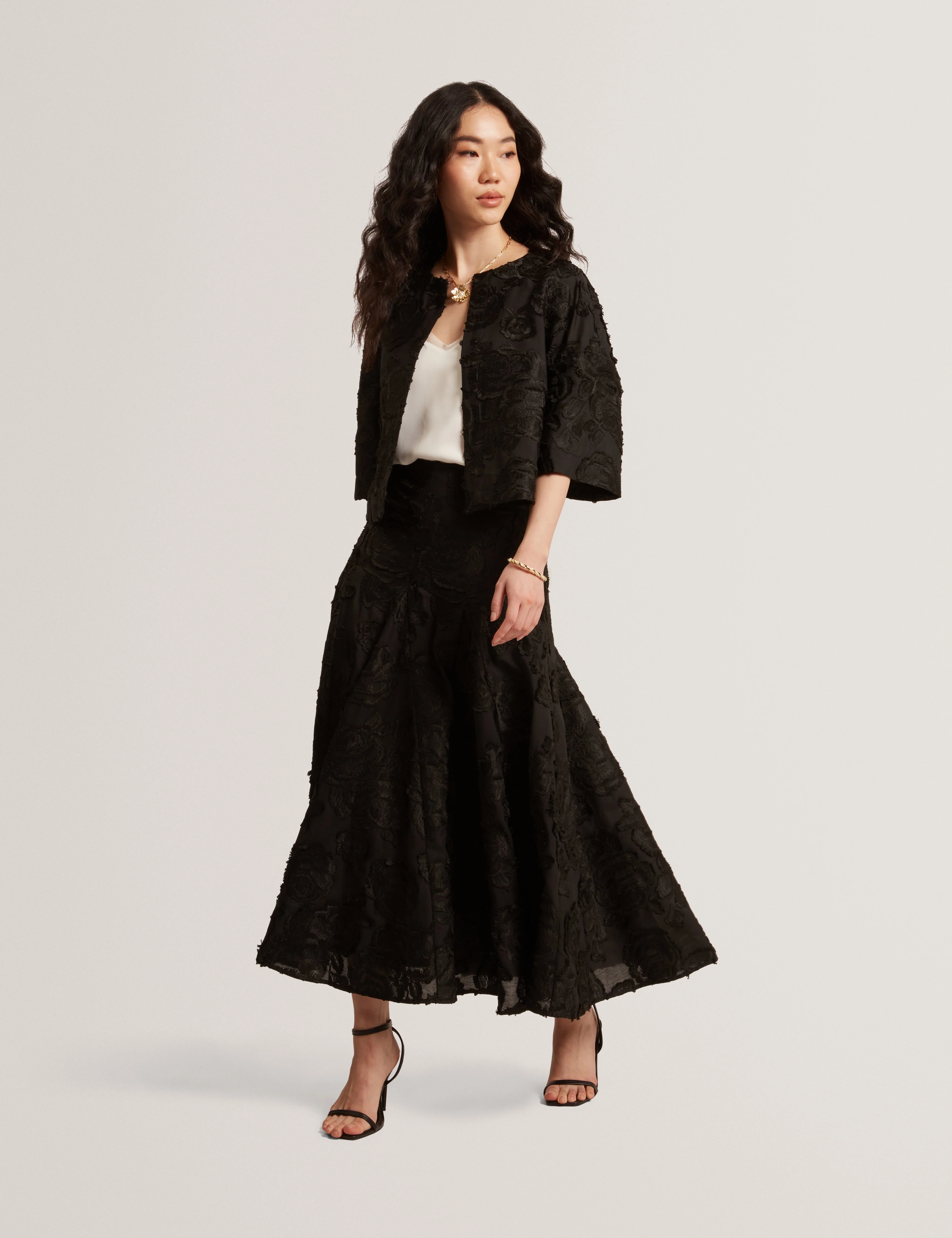 Eccrina Textured Rose Detail Midi Skirt Black - Image 2