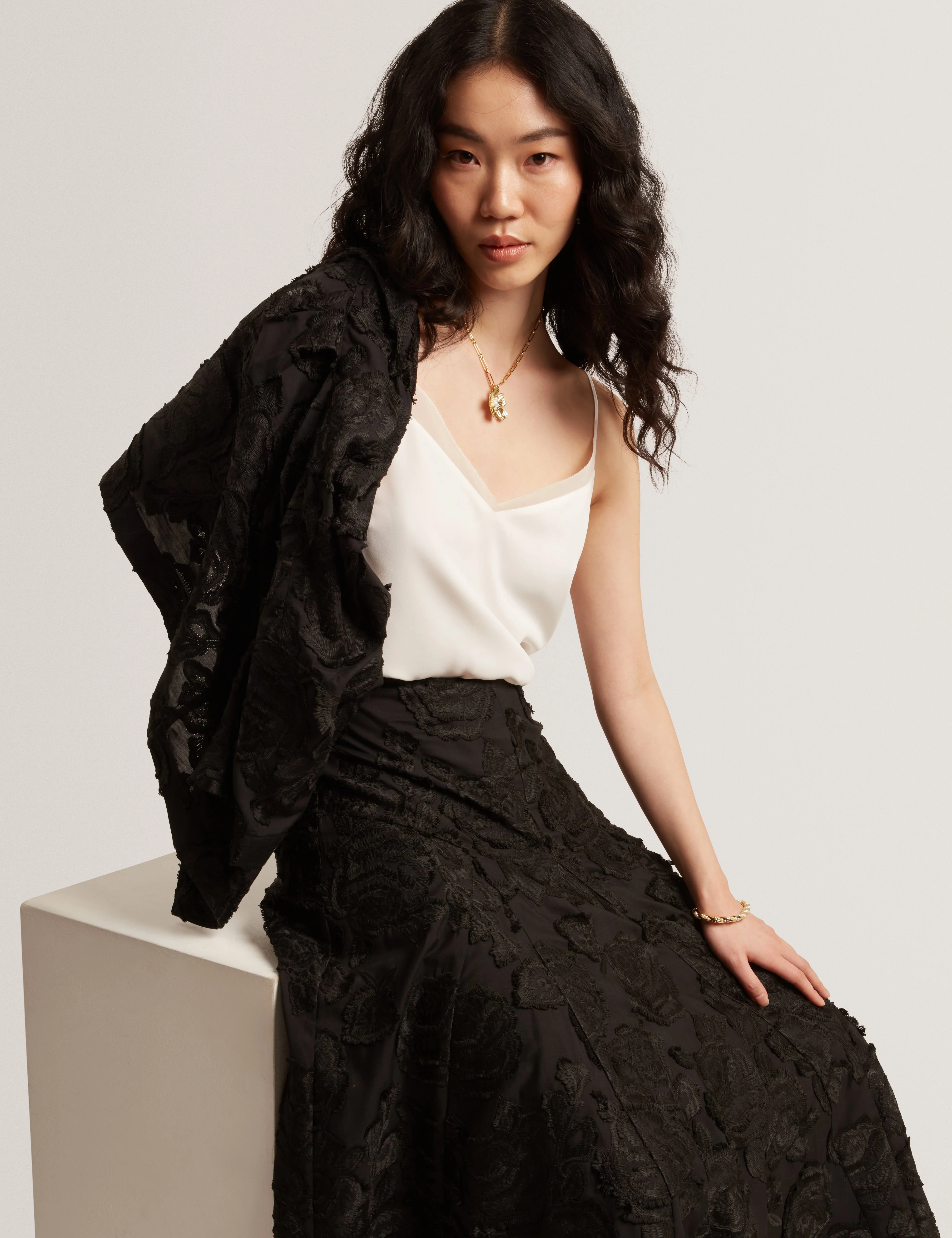 Eccrina Textured Rose Detail Midi Skirt Black - Image 6