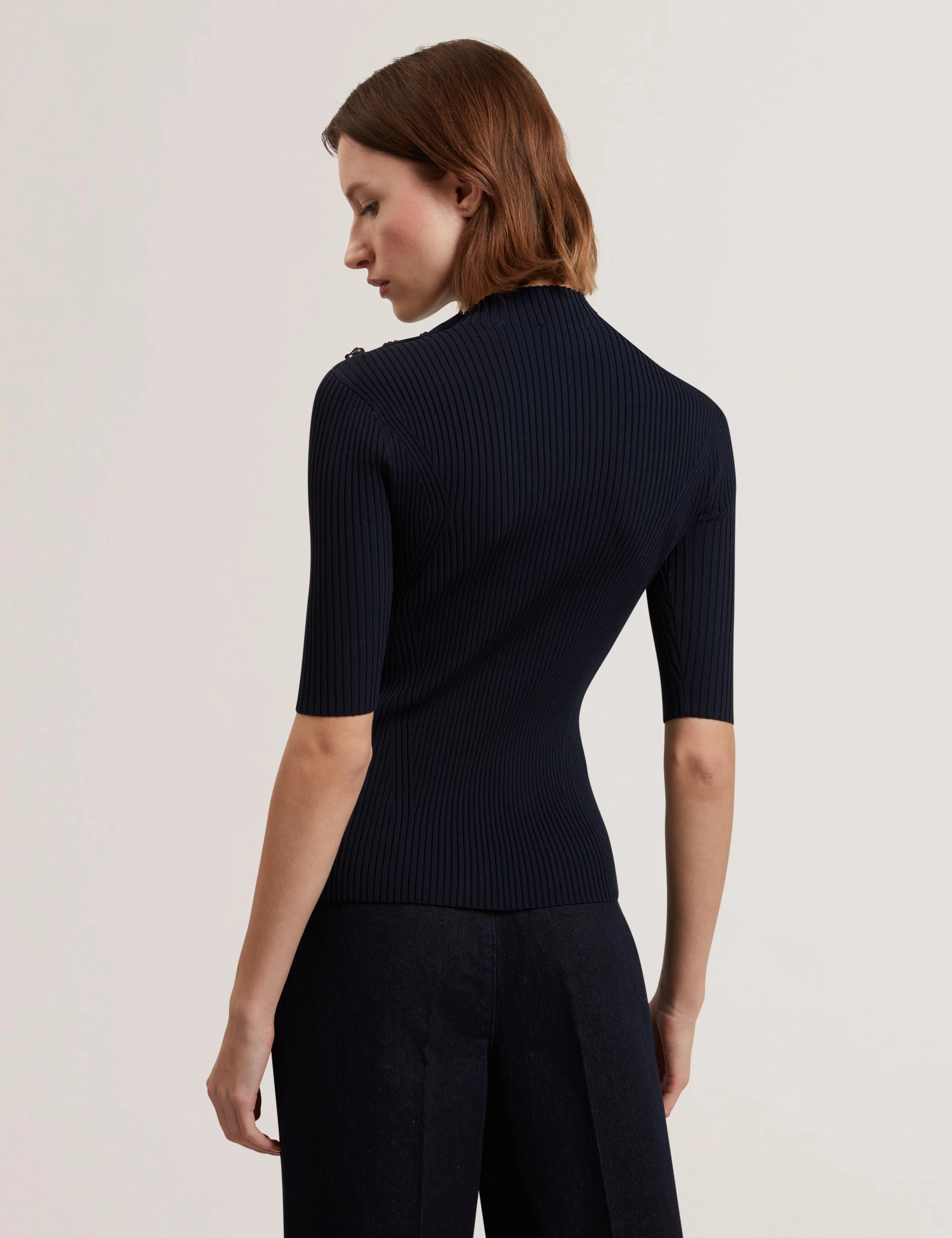 Eeliia Rose Button Detail Short Sleeve Top Navy - Image 5
