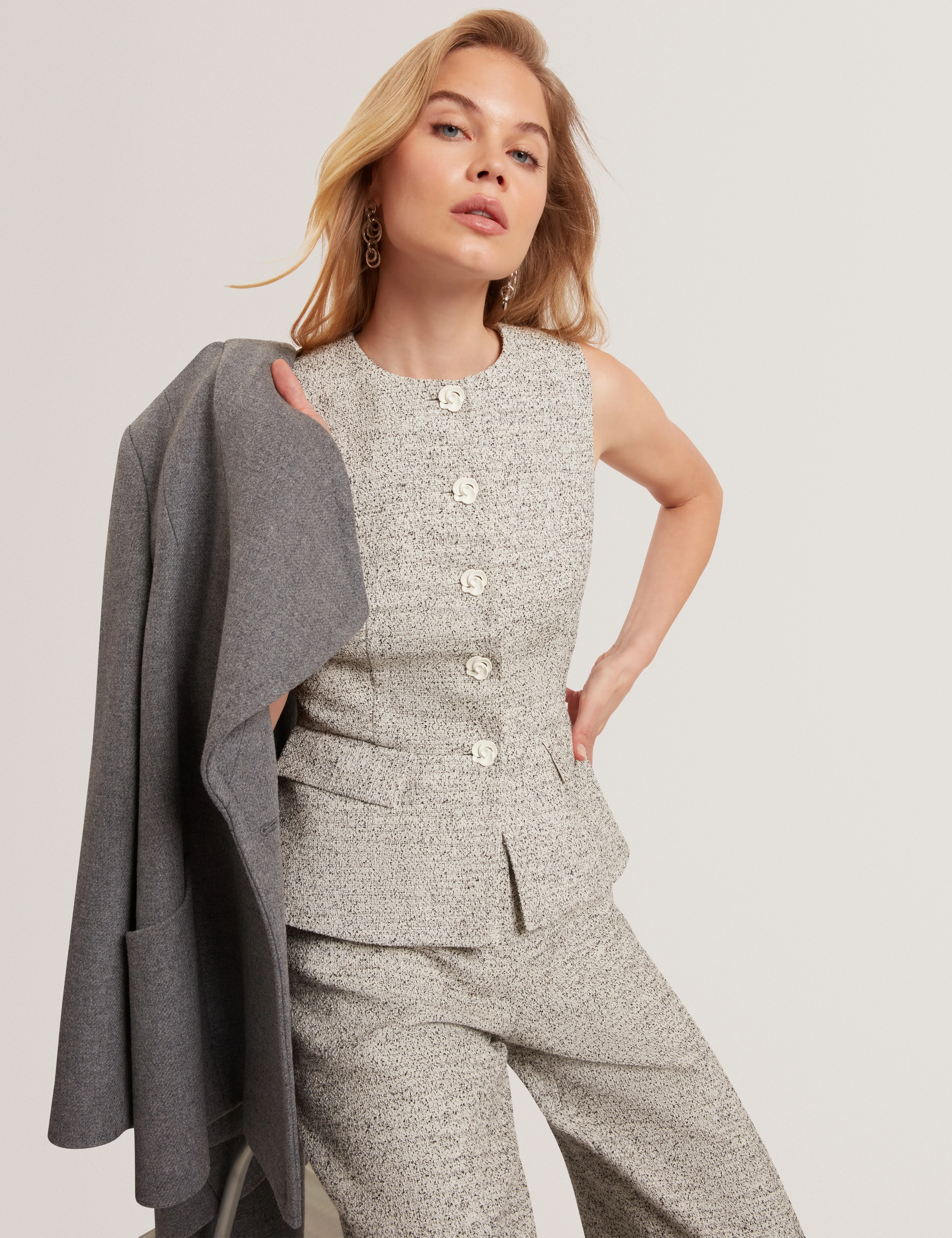Ekaaw Tailored Boucle Fitted Waistcoat Ivory - Image 6