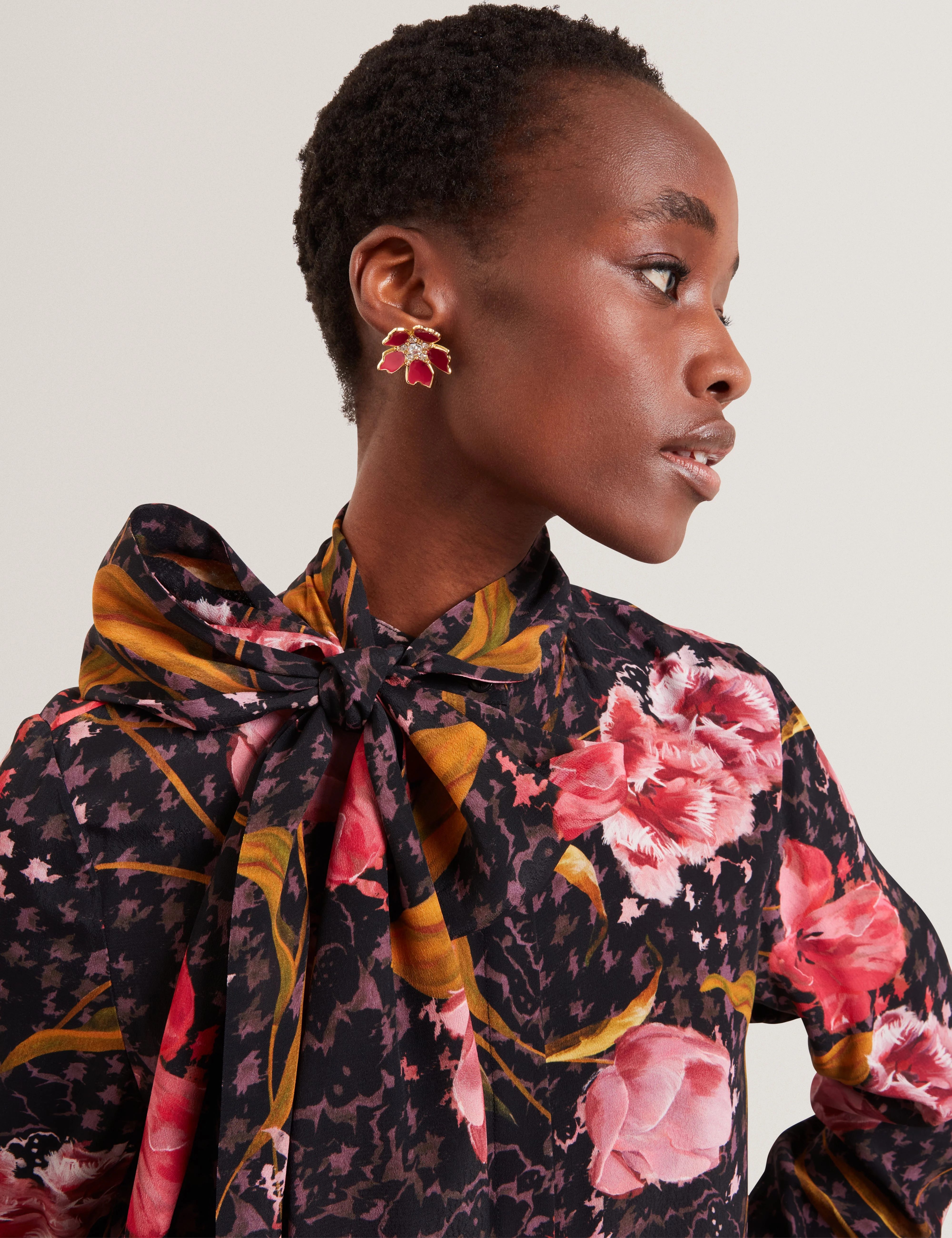 Elann Printed Tie Neck Midi Shirt Dress Black - Image 4