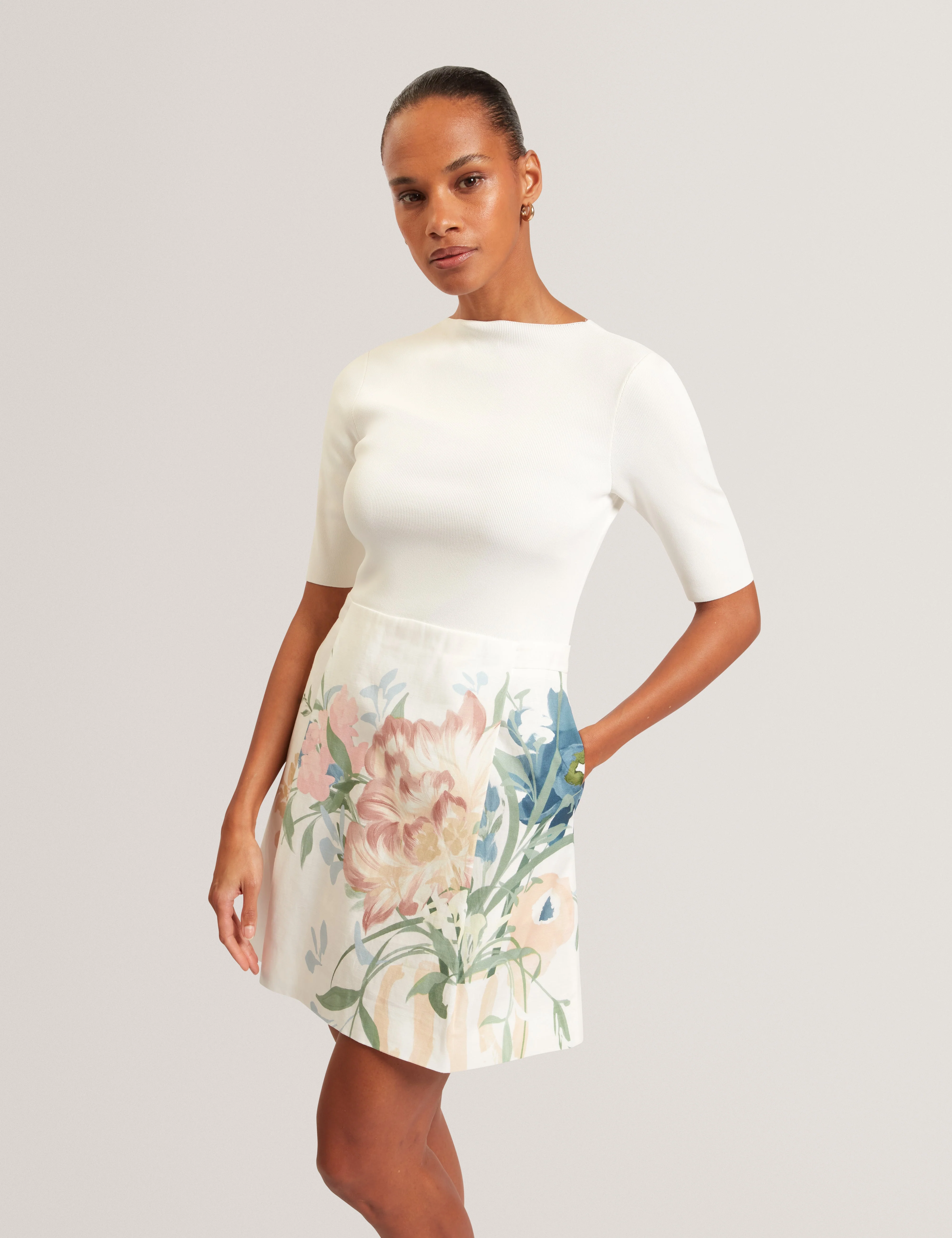Elestre Knitted Mockable Mini Dress With Linen Ivory