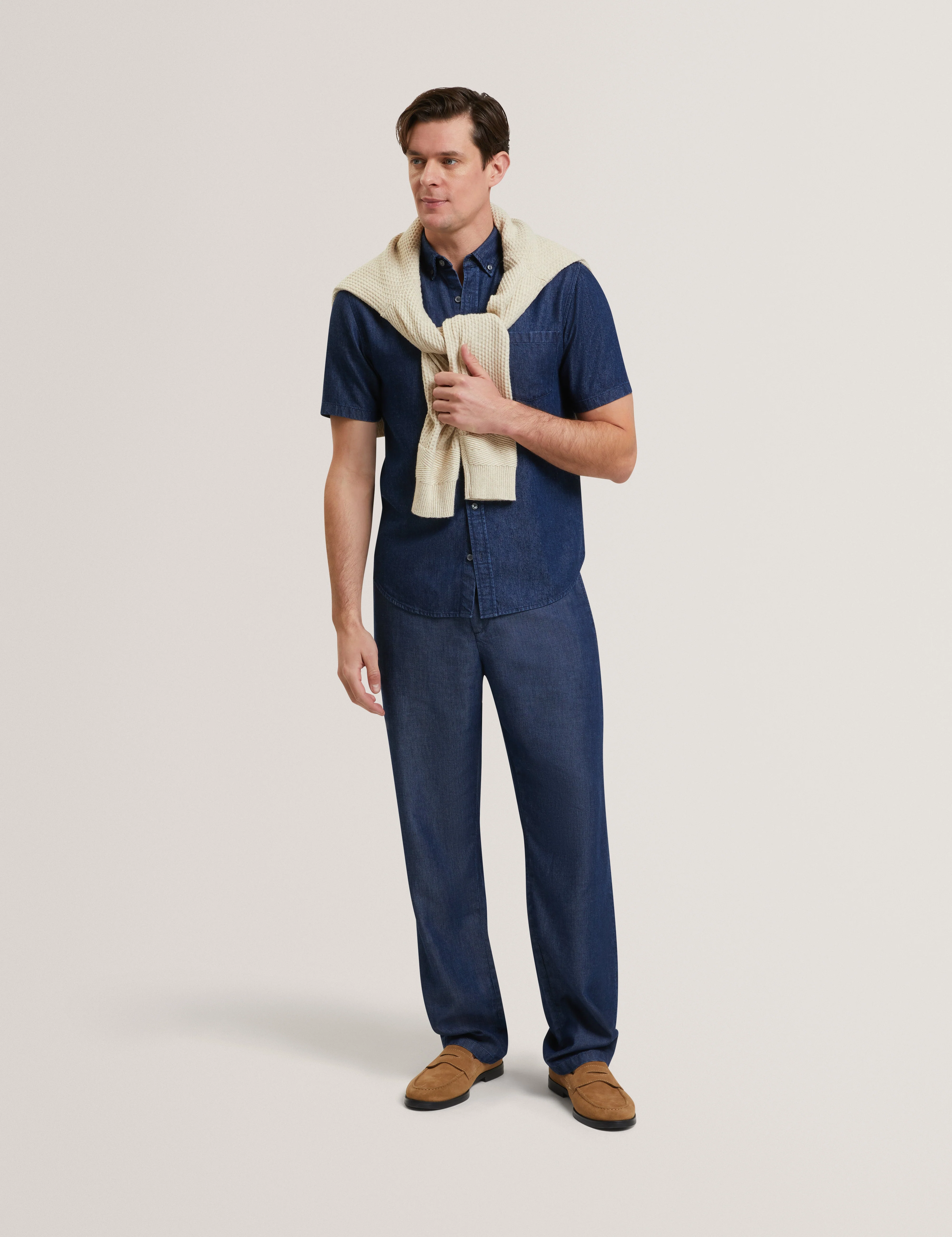 Ganmo Relaxed Pull-On Tencel Chambray Trouser Navy-Blue - Image 3
