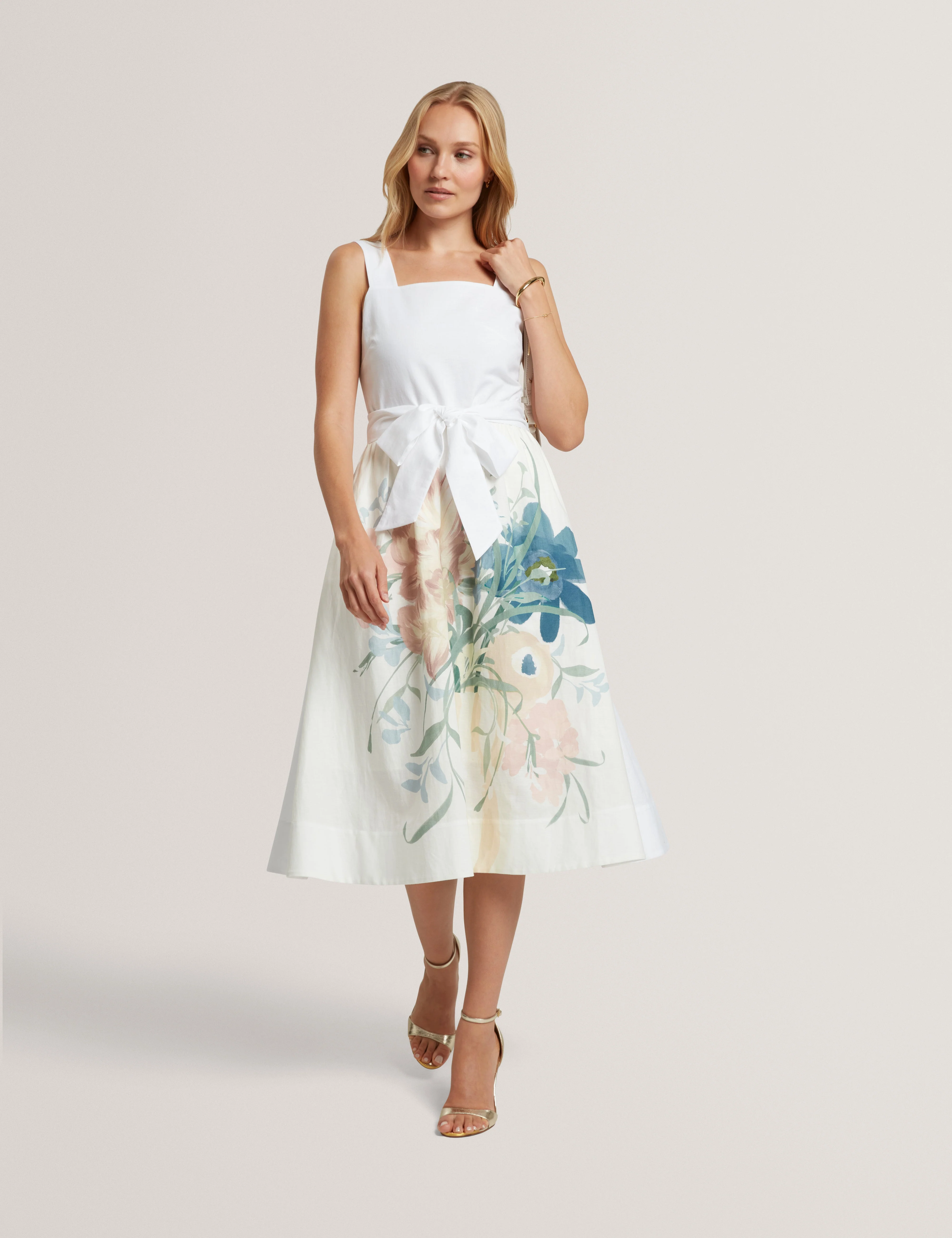Gemha Tie Waist Floral Midi Sundress Ivory