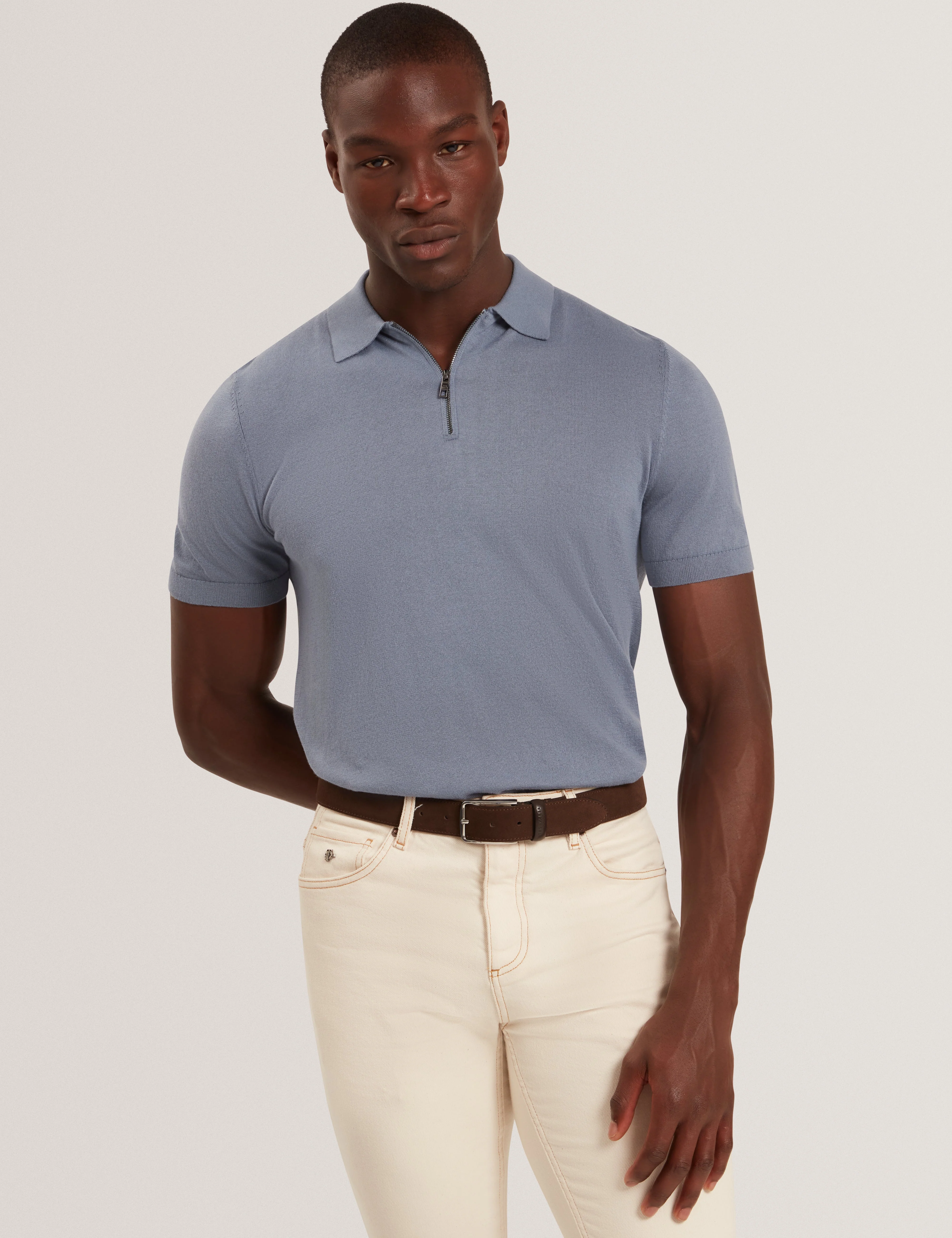 Givrans Short Sleeve Silk Blend Zip Polo Teal-Blue