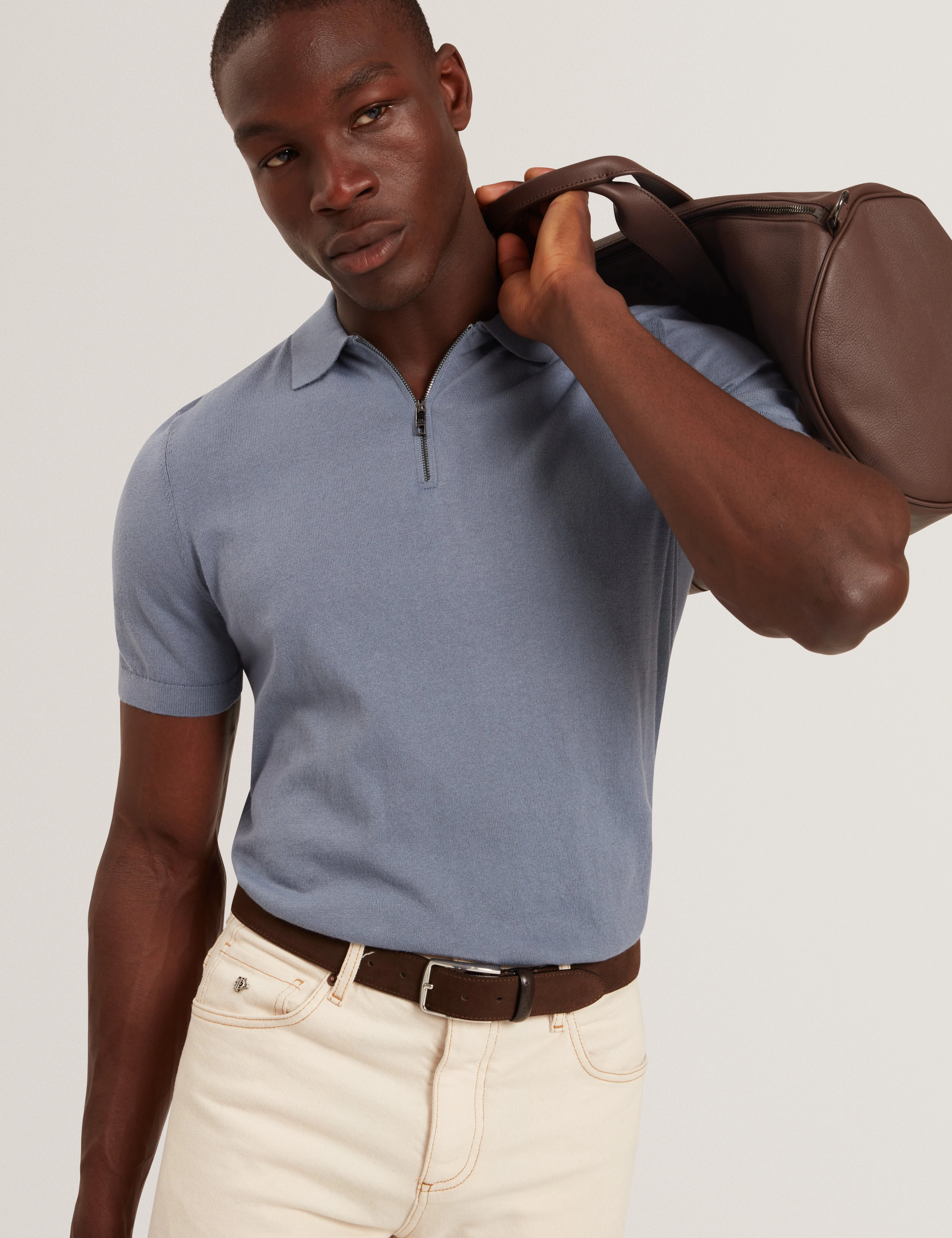 Givrans Short Sleeve Silk Blend Zip Polo Teal-Blue - Image 5