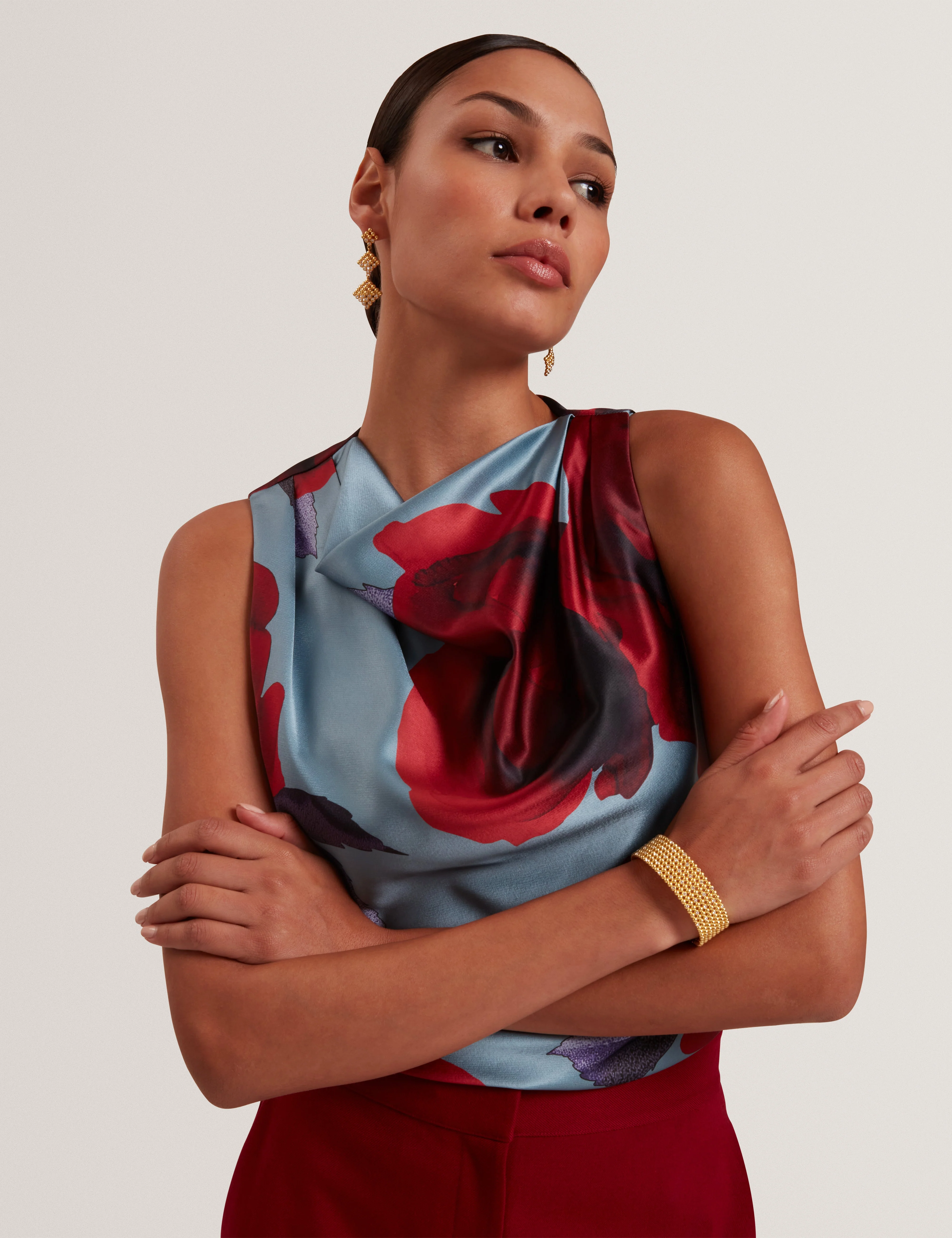 Harplyn Print Sleeveless Drape Neck Top Lt-Blue - Image 4