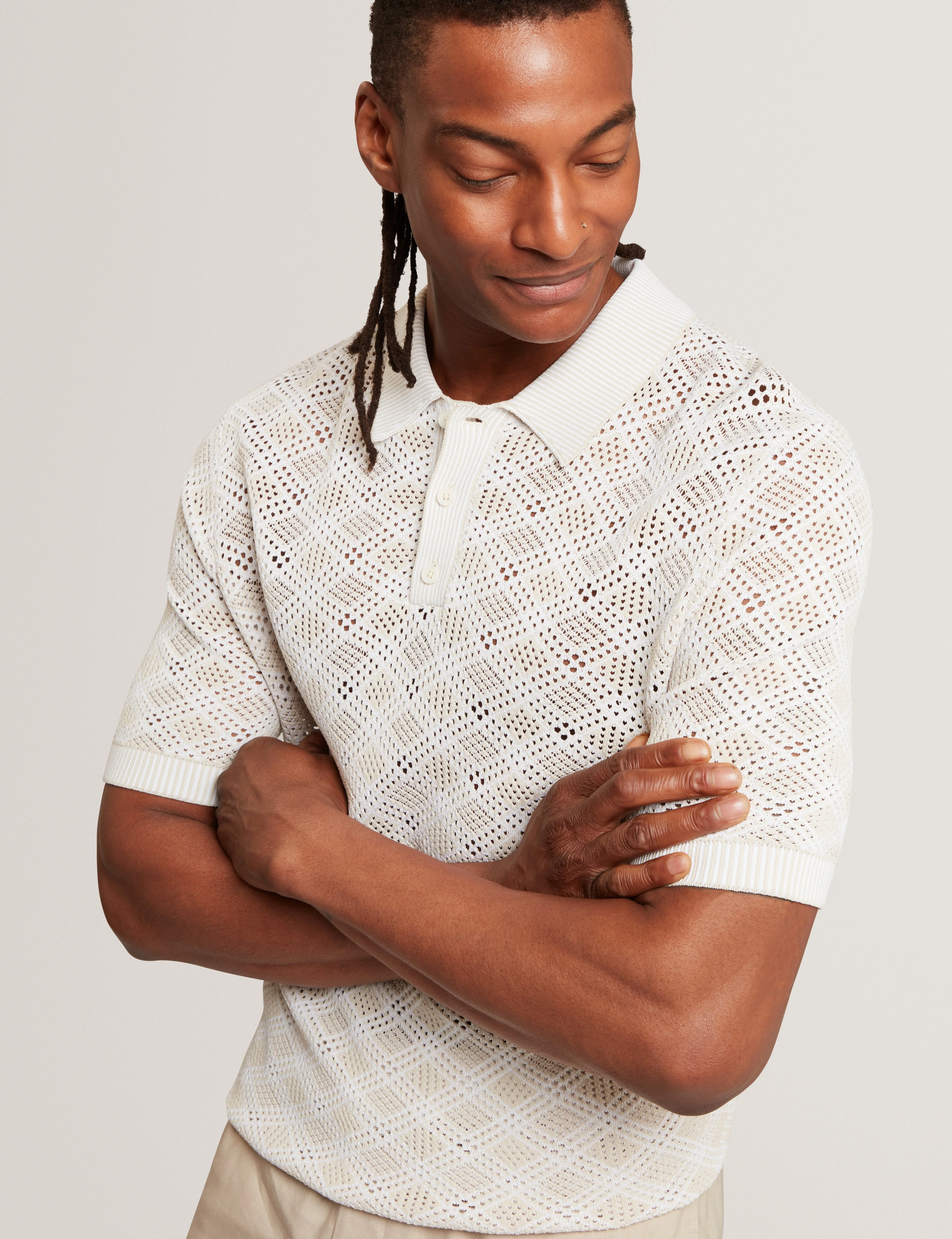 Helme Ss Geometric Stitch Polo Ecru - Image 4