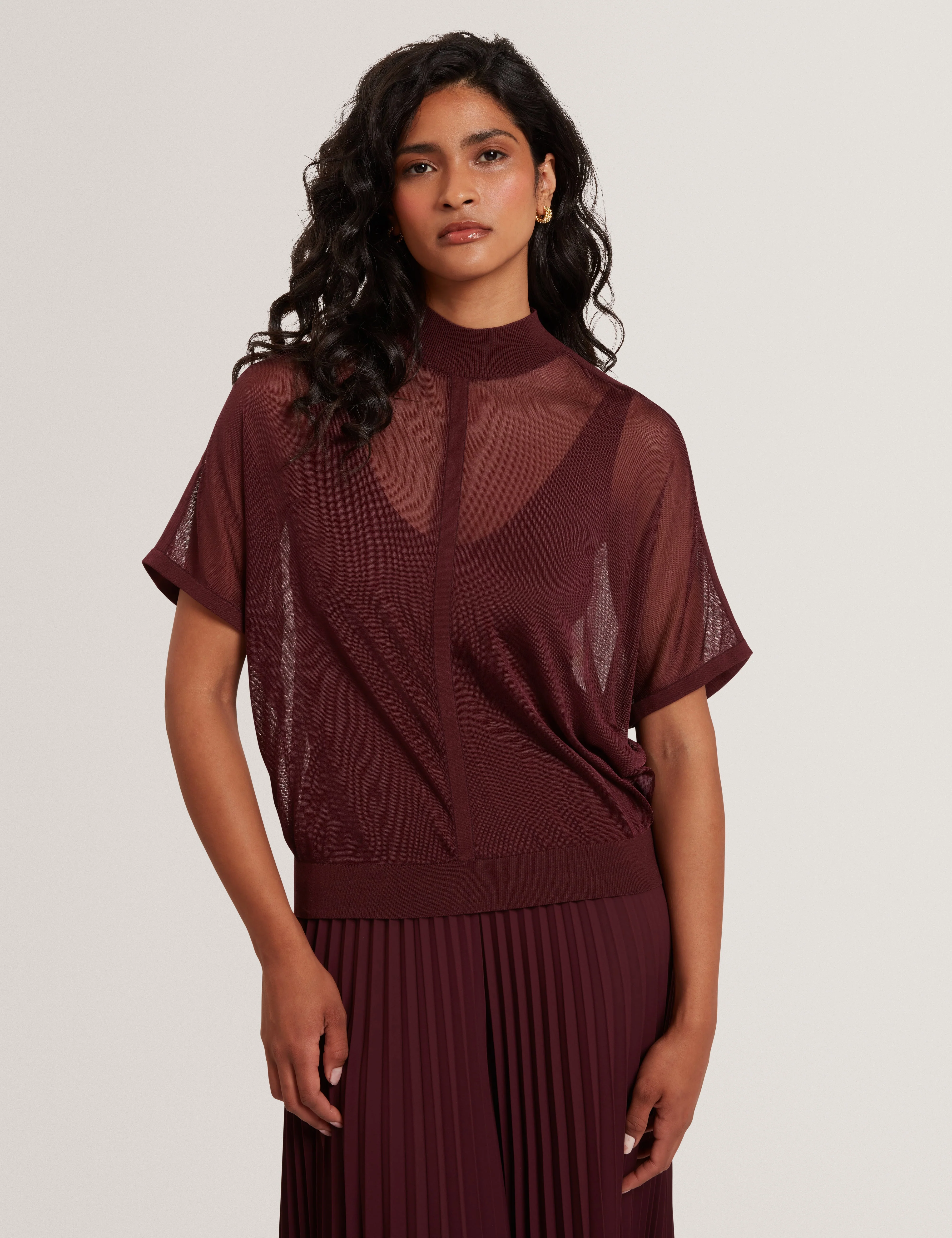 Ibissa Knitted Top With Sheer Detailing Oxblood