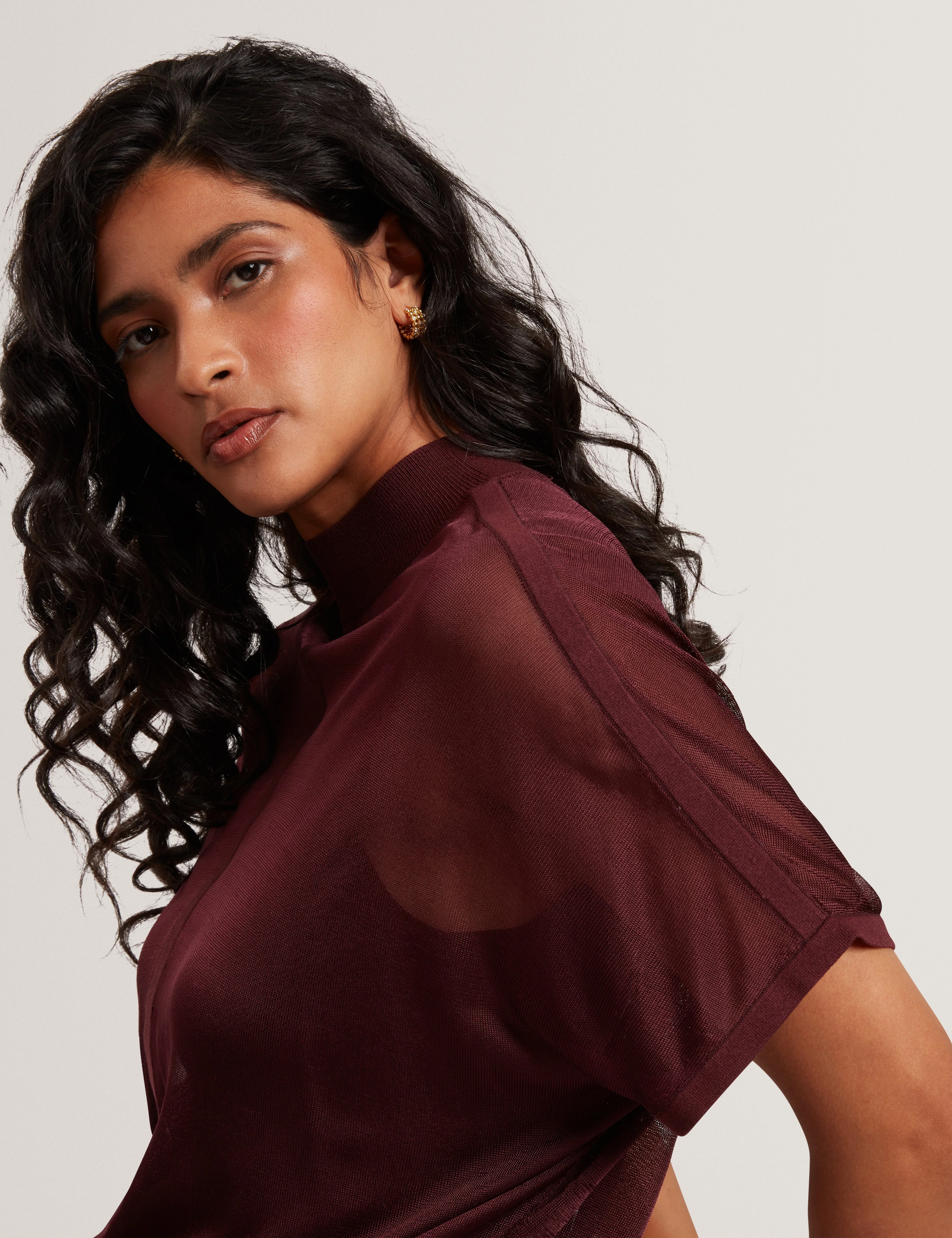 Ibissa Knitted Top With Sheer Detailing Oxblood - Image 4