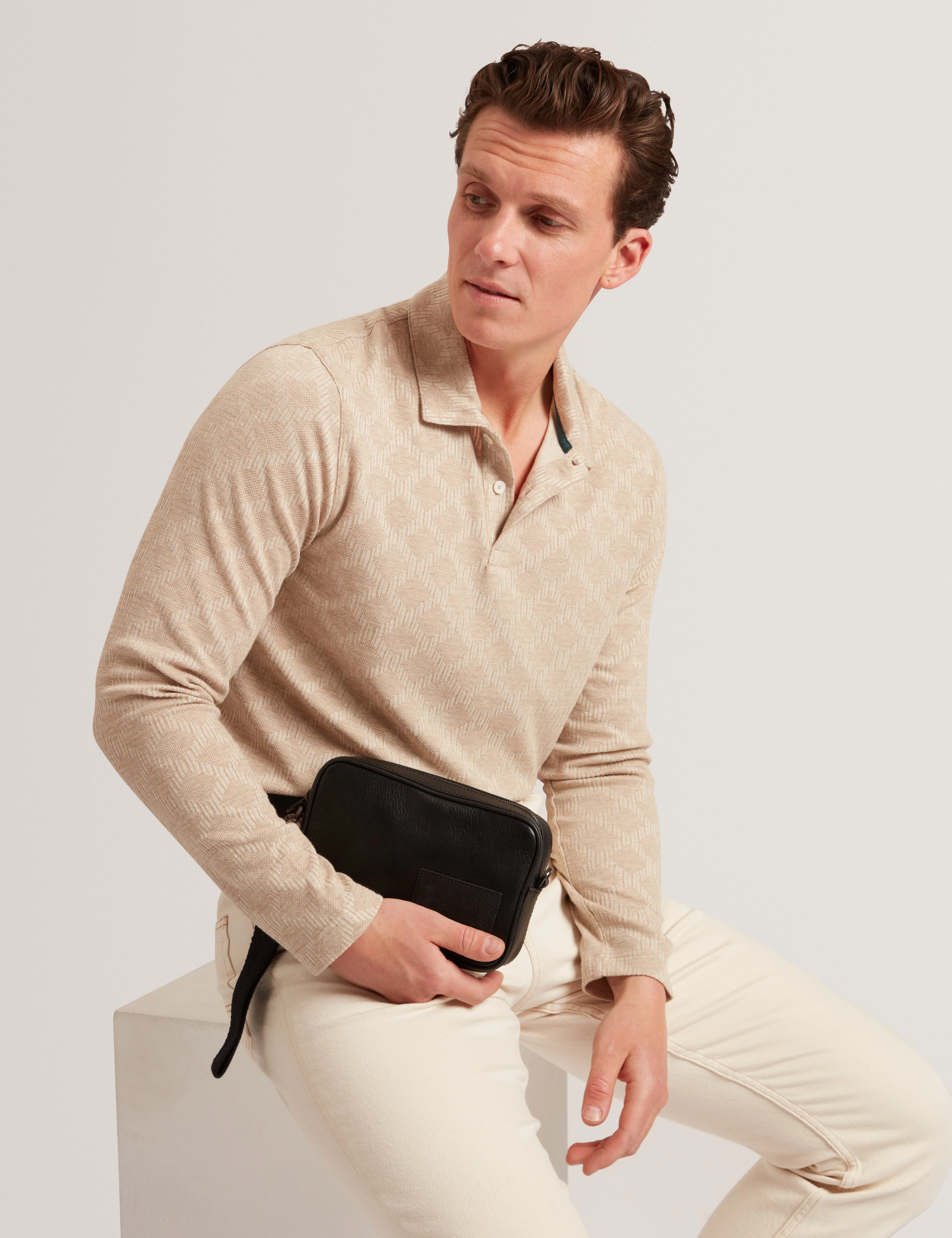 Imlad Ls Diamond Jacquard Polo Taupe - Image 6