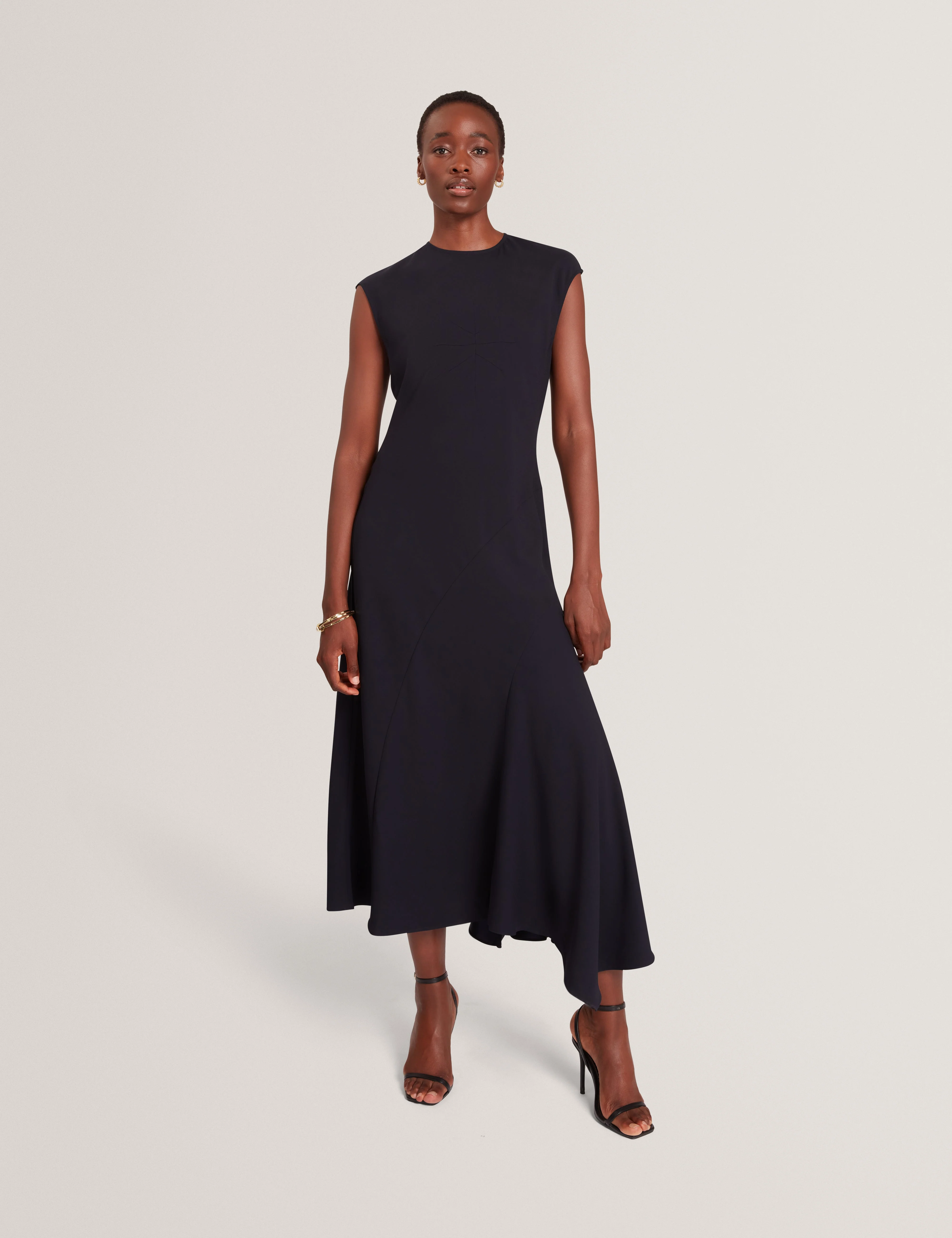 Isparta Sleeveless Asymmetric Midi Dress Navy