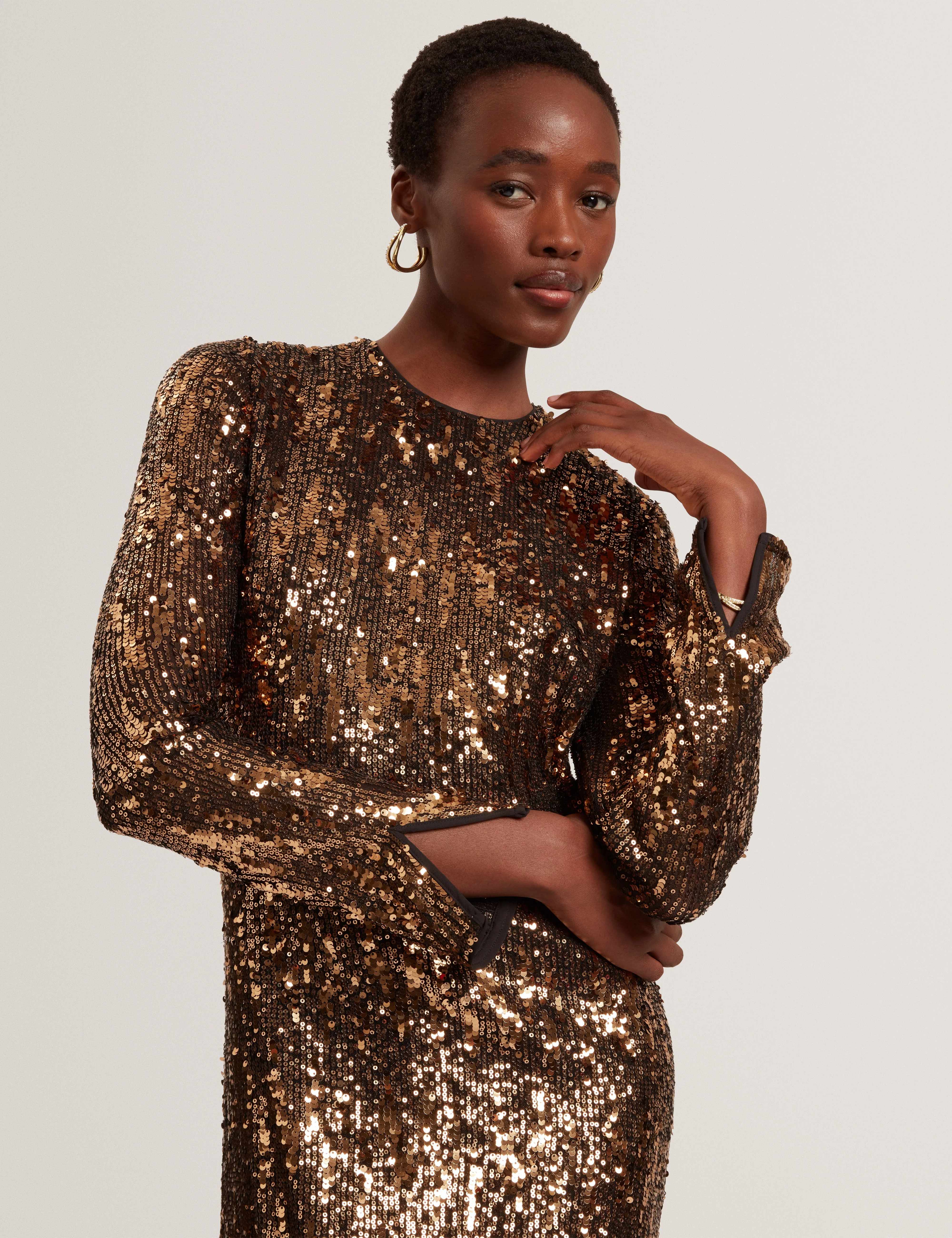 Jadeaa Sequinned Long Sleeve Midi Dress Natural - Image 3