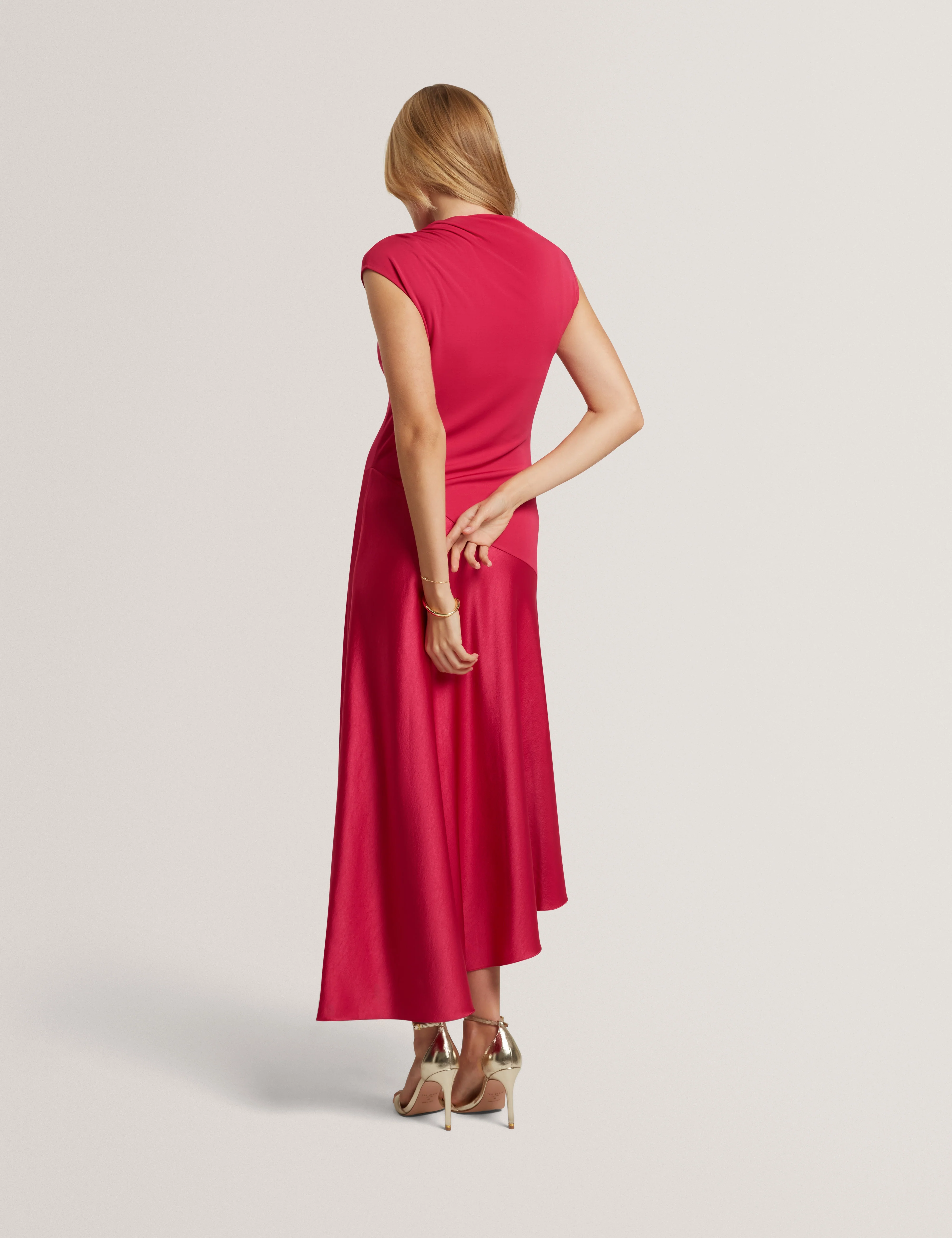 Jaspara Drape Neck Midi Dress With Satin Skirt Brt-Pink - Image 5