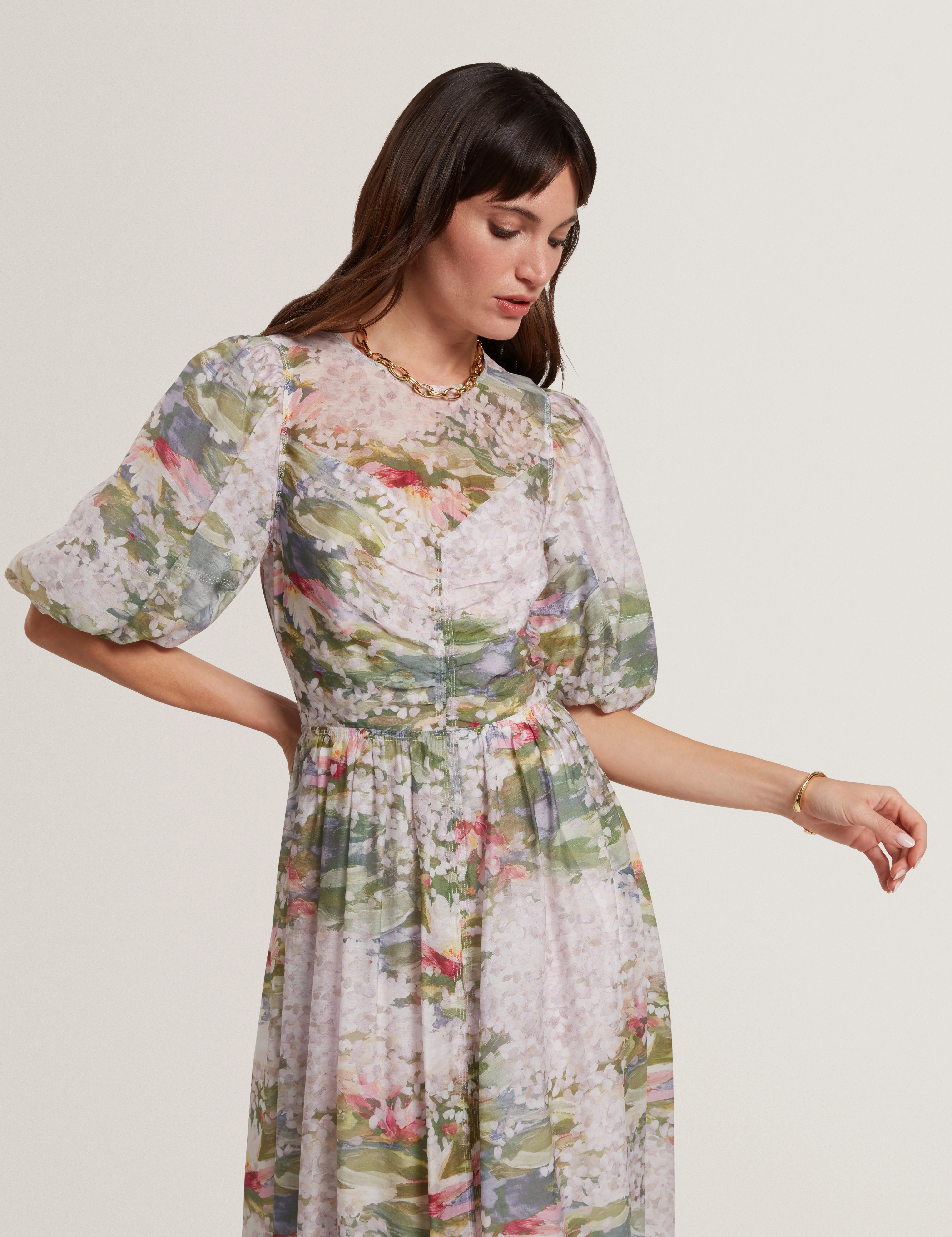 Jonora Puff Sleeveâ Printed Midi Dress Pink