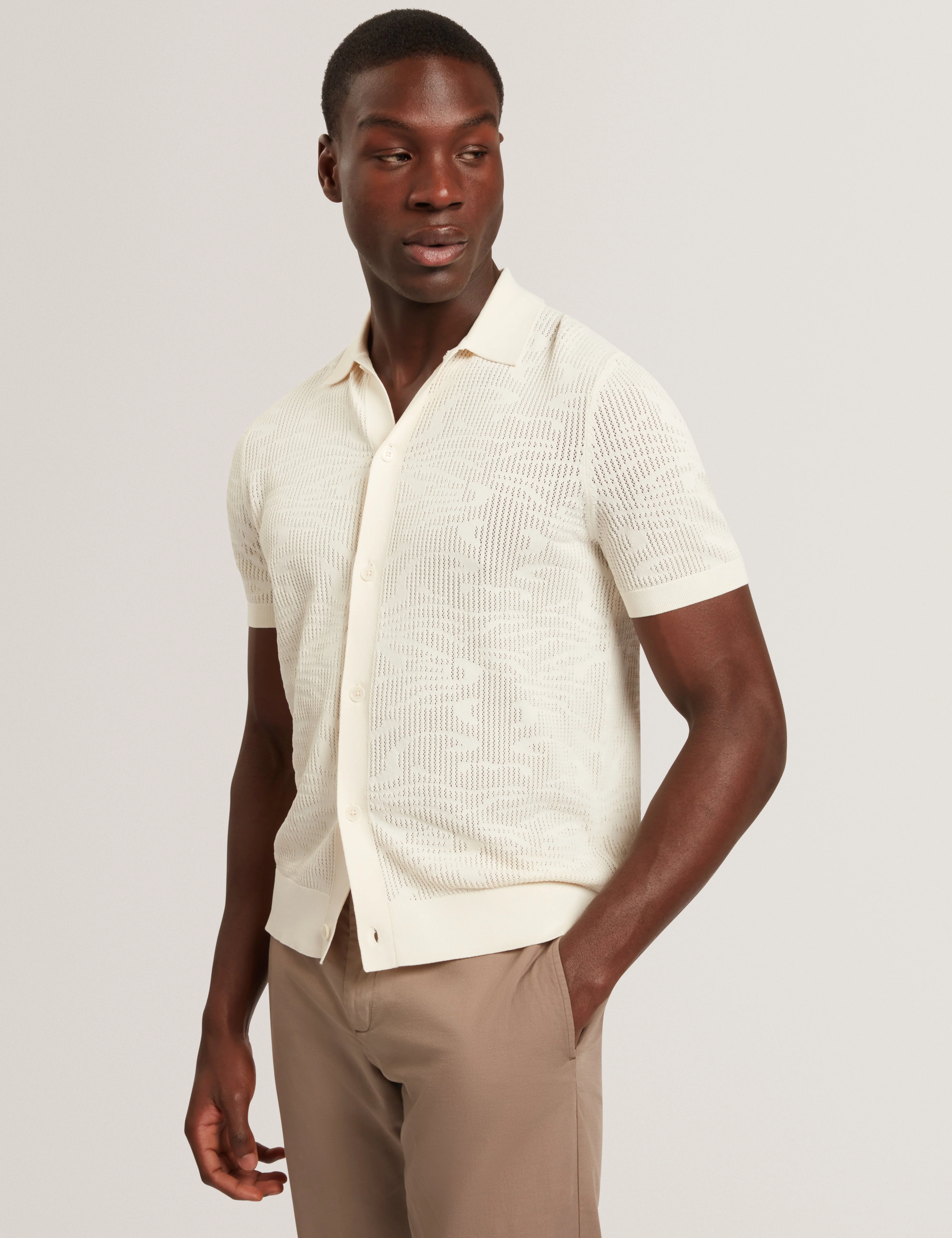 Jorien Short Sleeve Crochet Stitch Button Through Polo Ecru