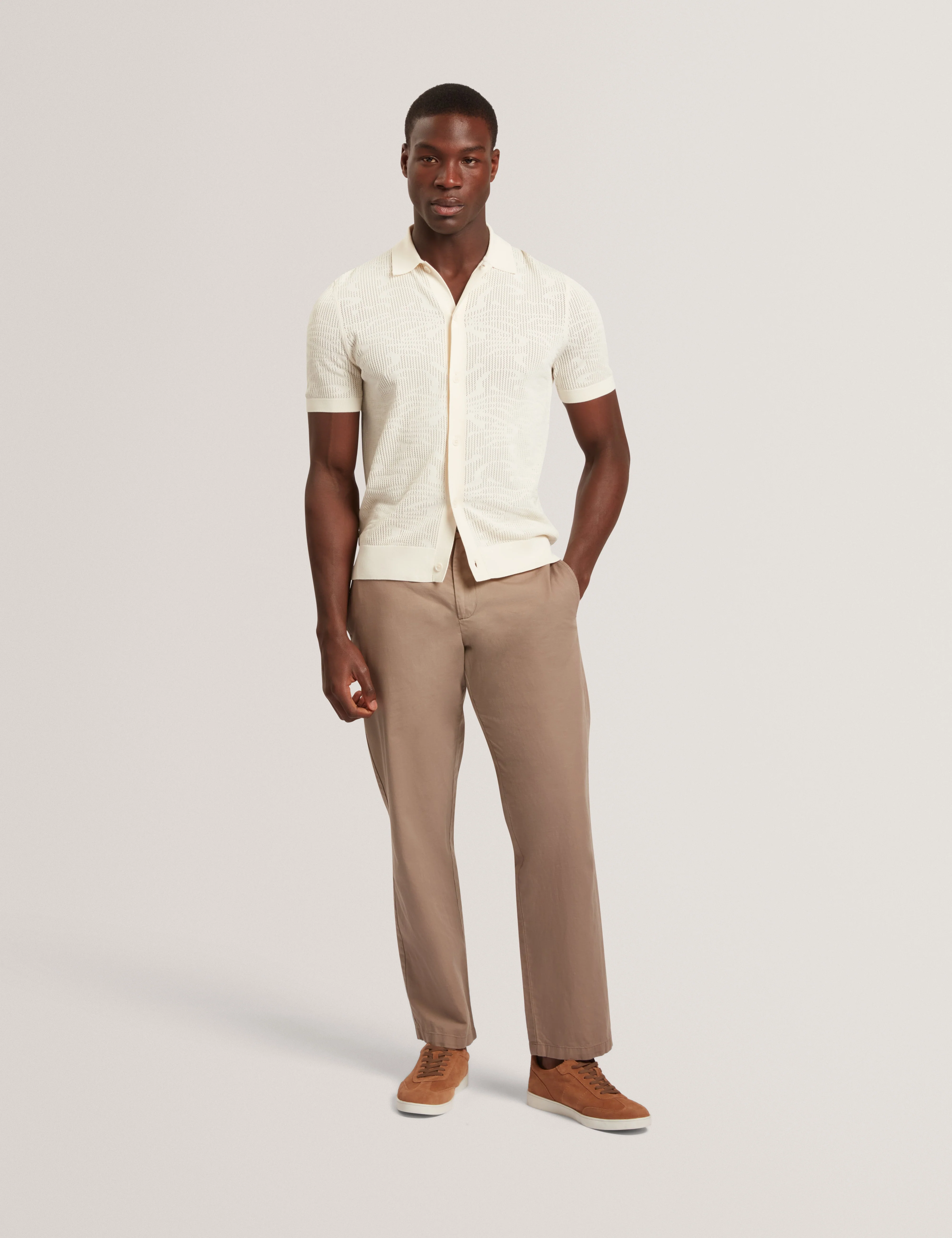 Jorien Short Sleeve Crochet Stitch Button Through Polo Ecru - Image 2