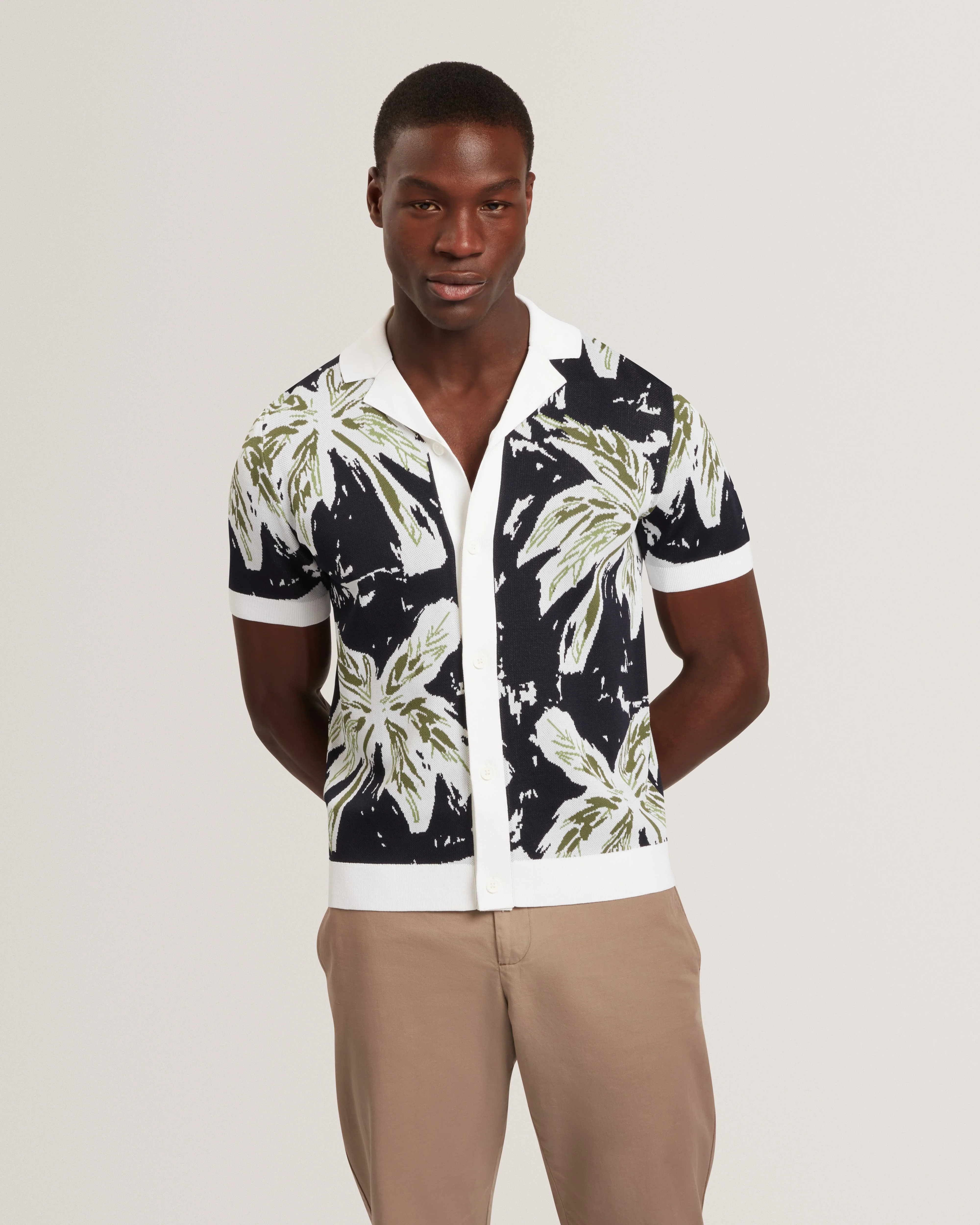 Kyes Short Sleeve Knitted Leaf Shirt Navy
