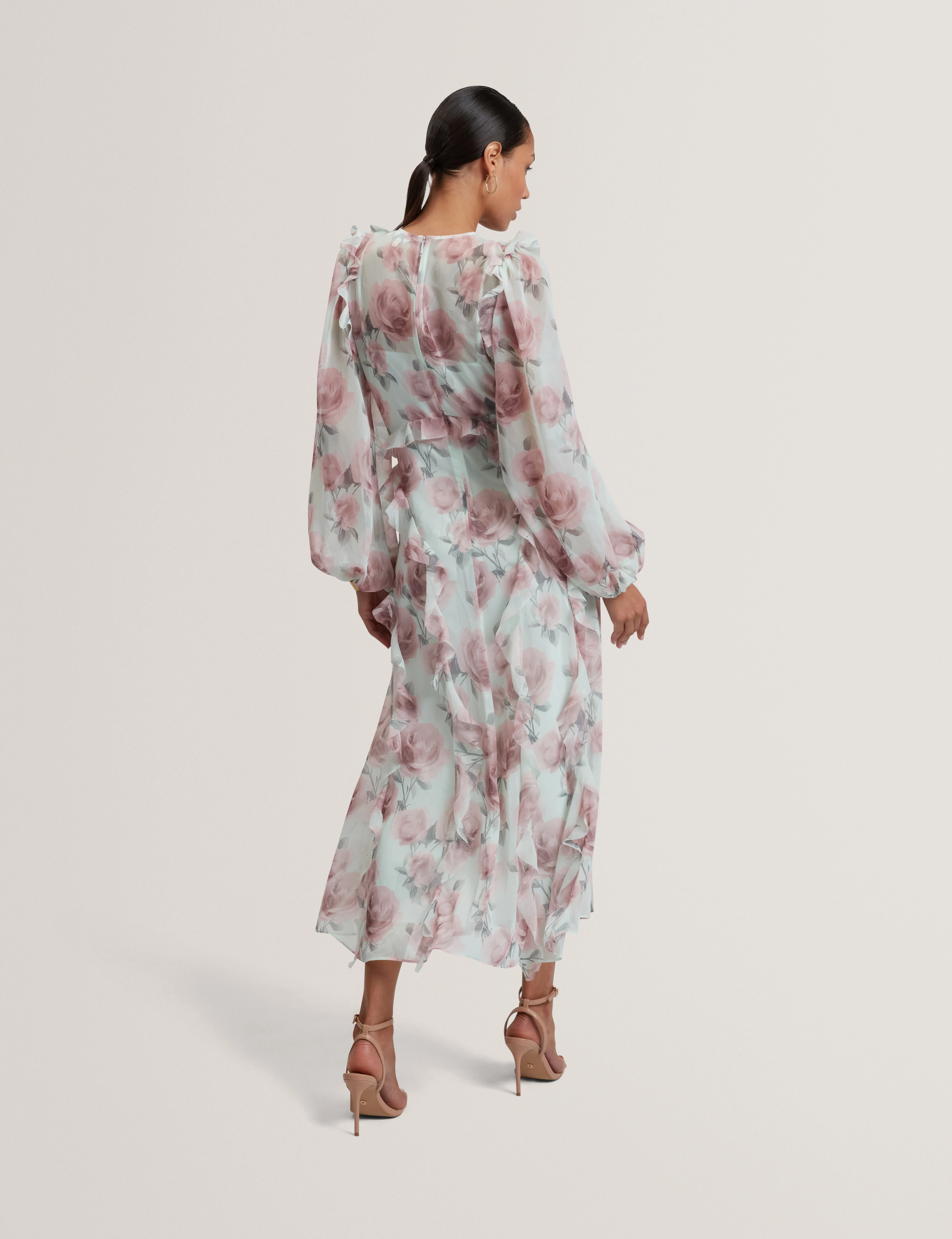 Latiia Long Sleeve Waterfall Ruffle Midi Dress Pl-Green - Image 5